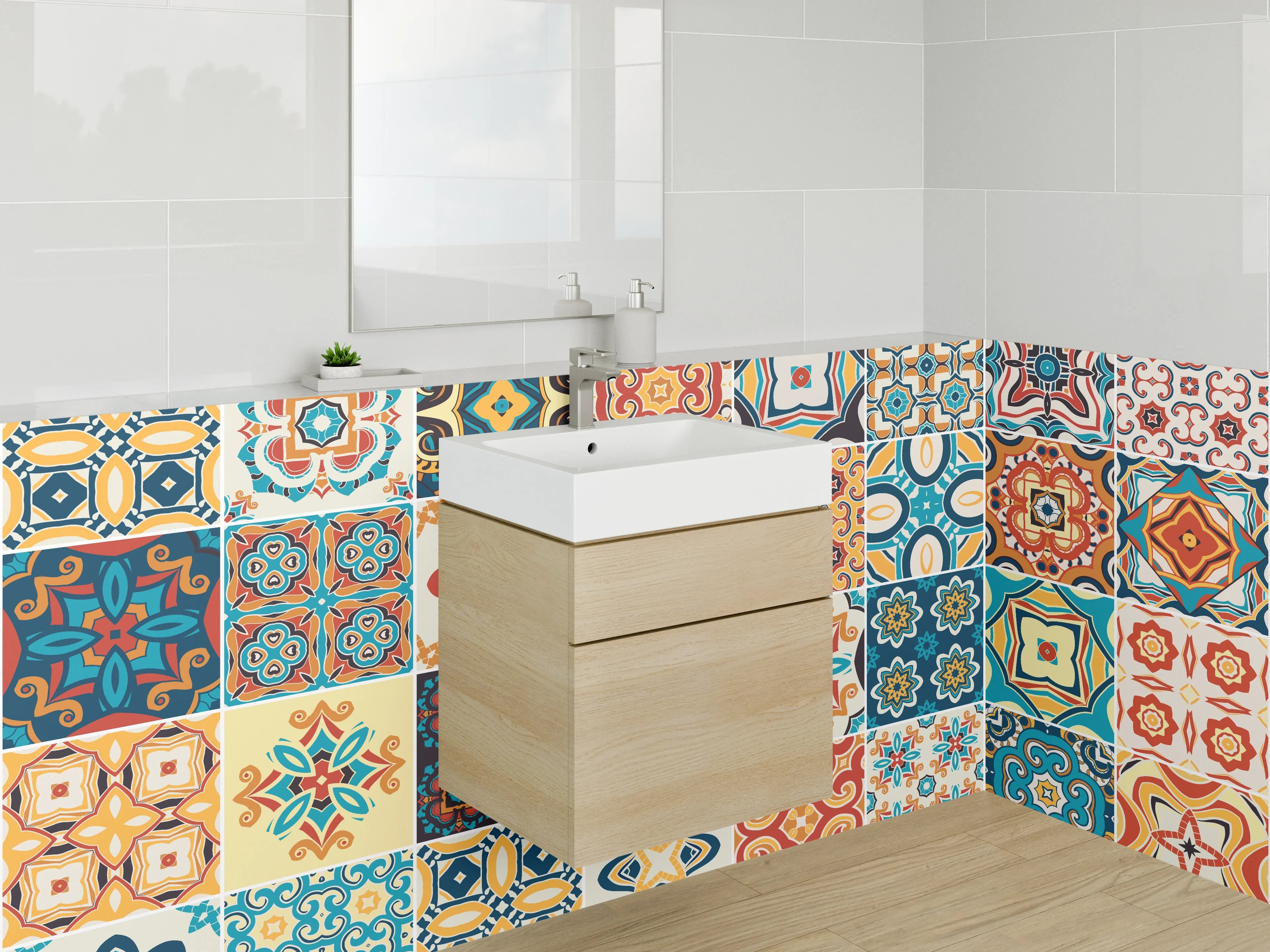 Waschbecken-Rückwand - Bunte Retro-Mosaikfliesen Muster