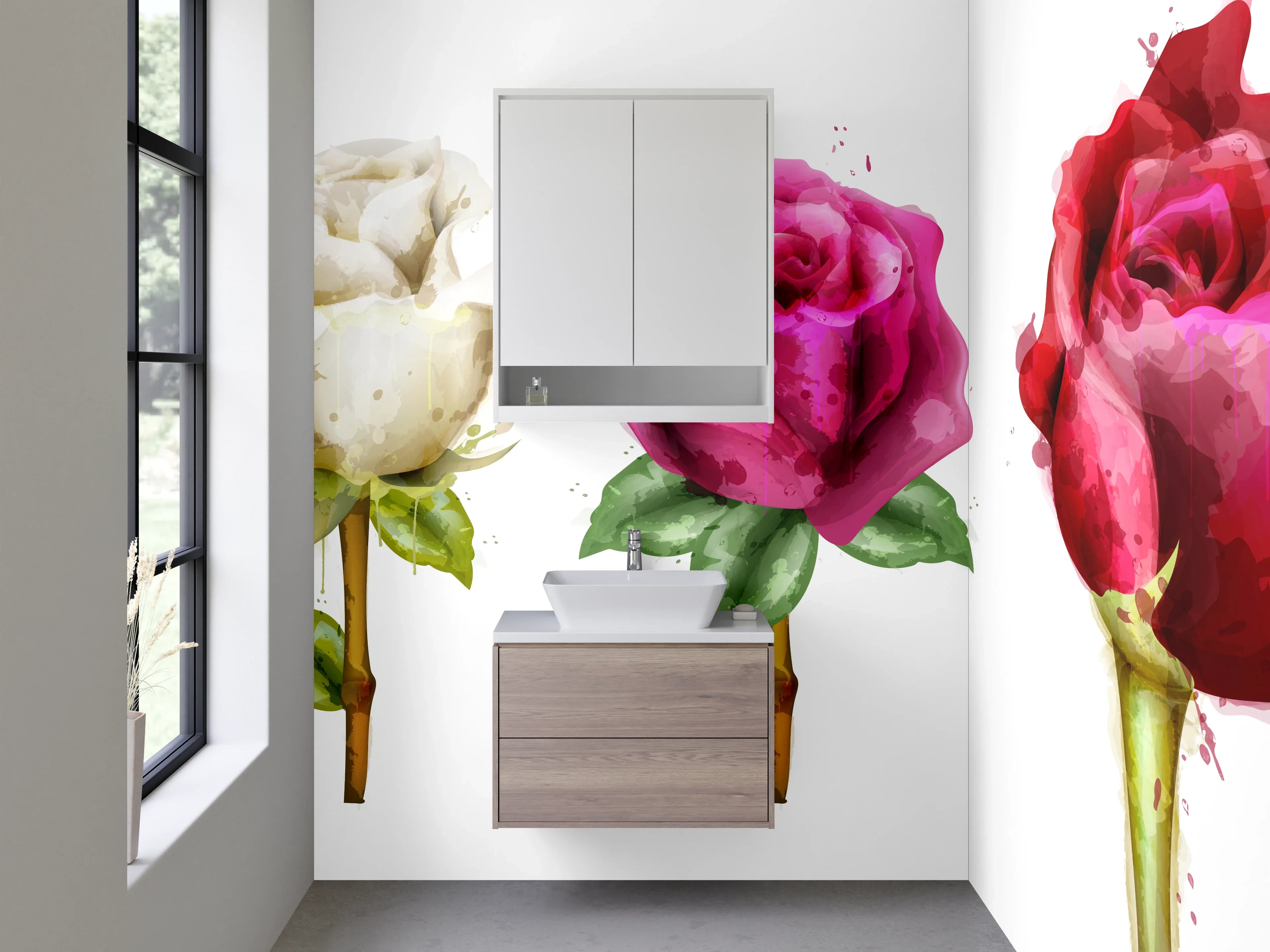 Waschbecken-Rückwand - Bunte Rosen in Schwarz, Weiß, Pink, Rot und Lila