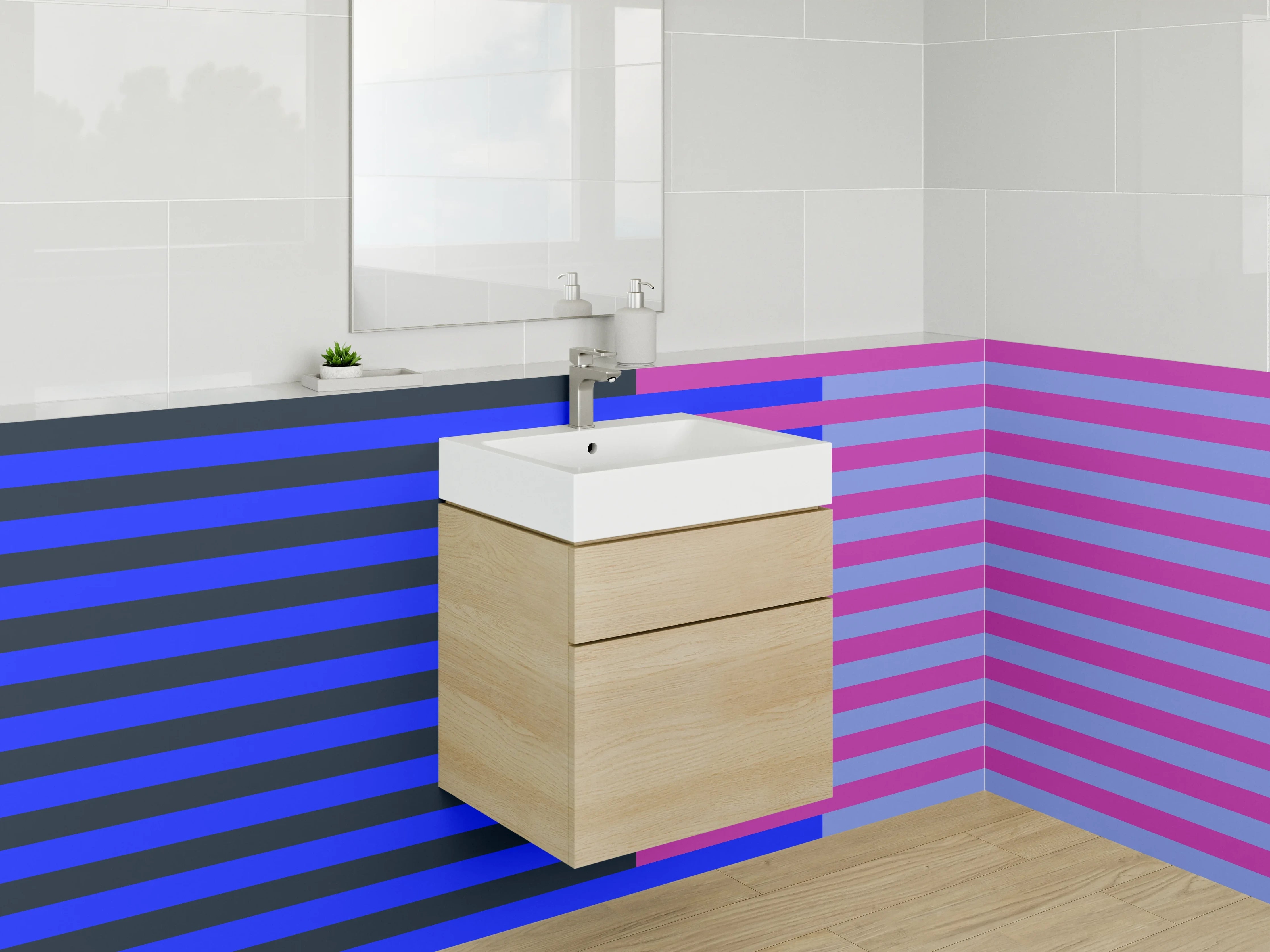 Waschbecken-Rückwand - Bunte Streifen in Blau und Pink