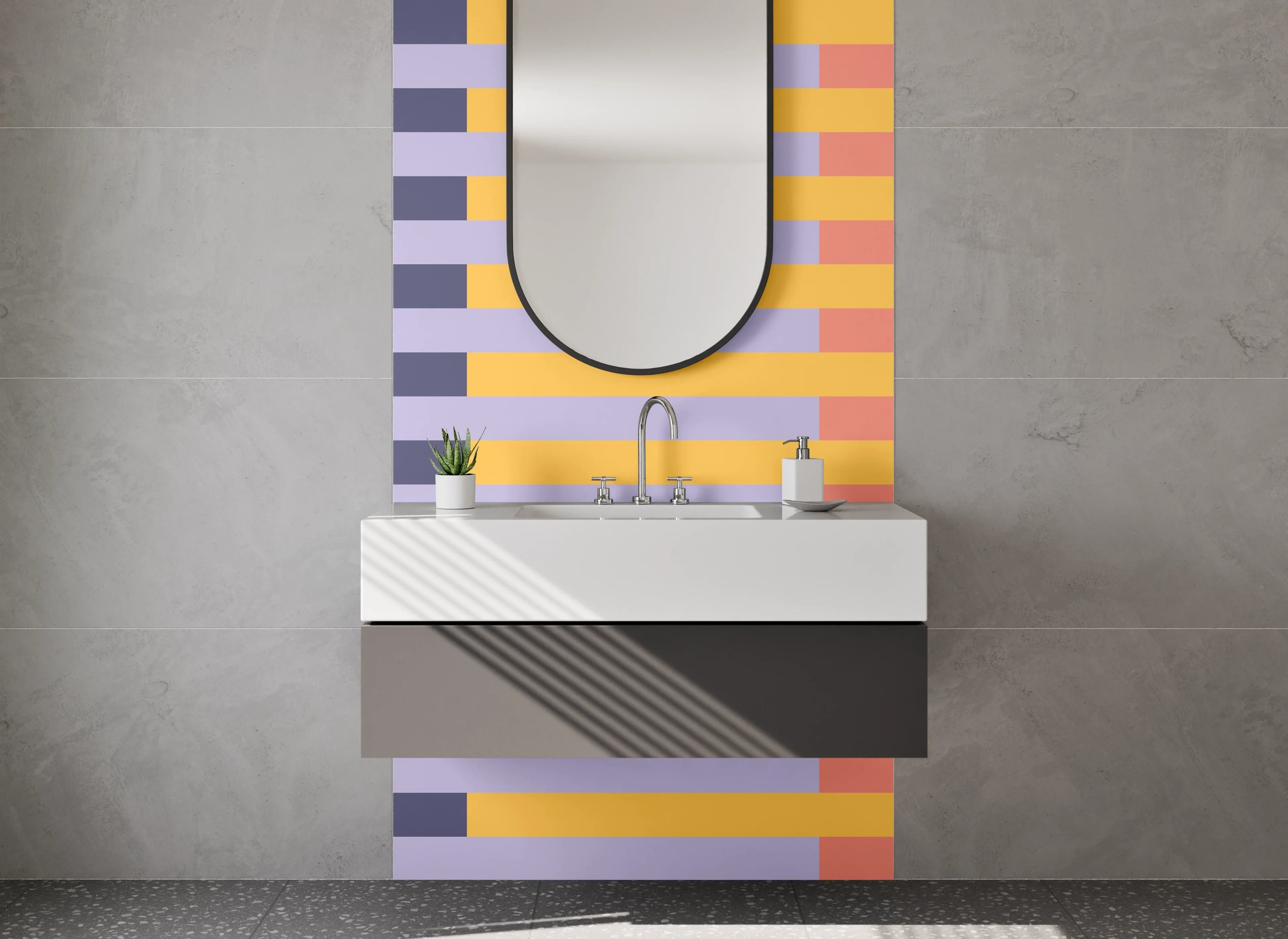 Waschbecken-Rückwand - Bunte Streifen in Blau, Grau, Orange