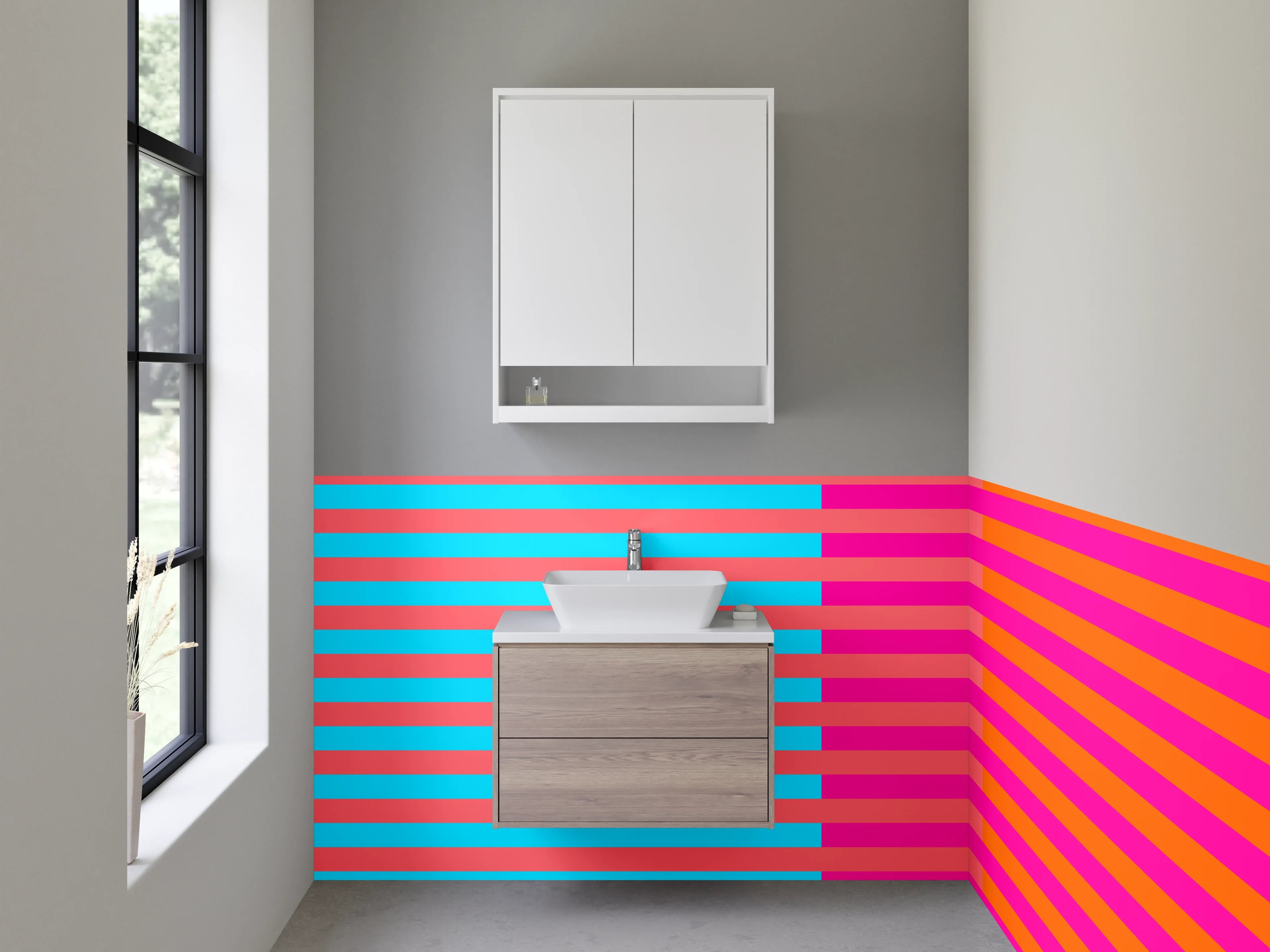 Waschbecken-Rückwand - Bunte Streifen in Cyan, Pink und Orange