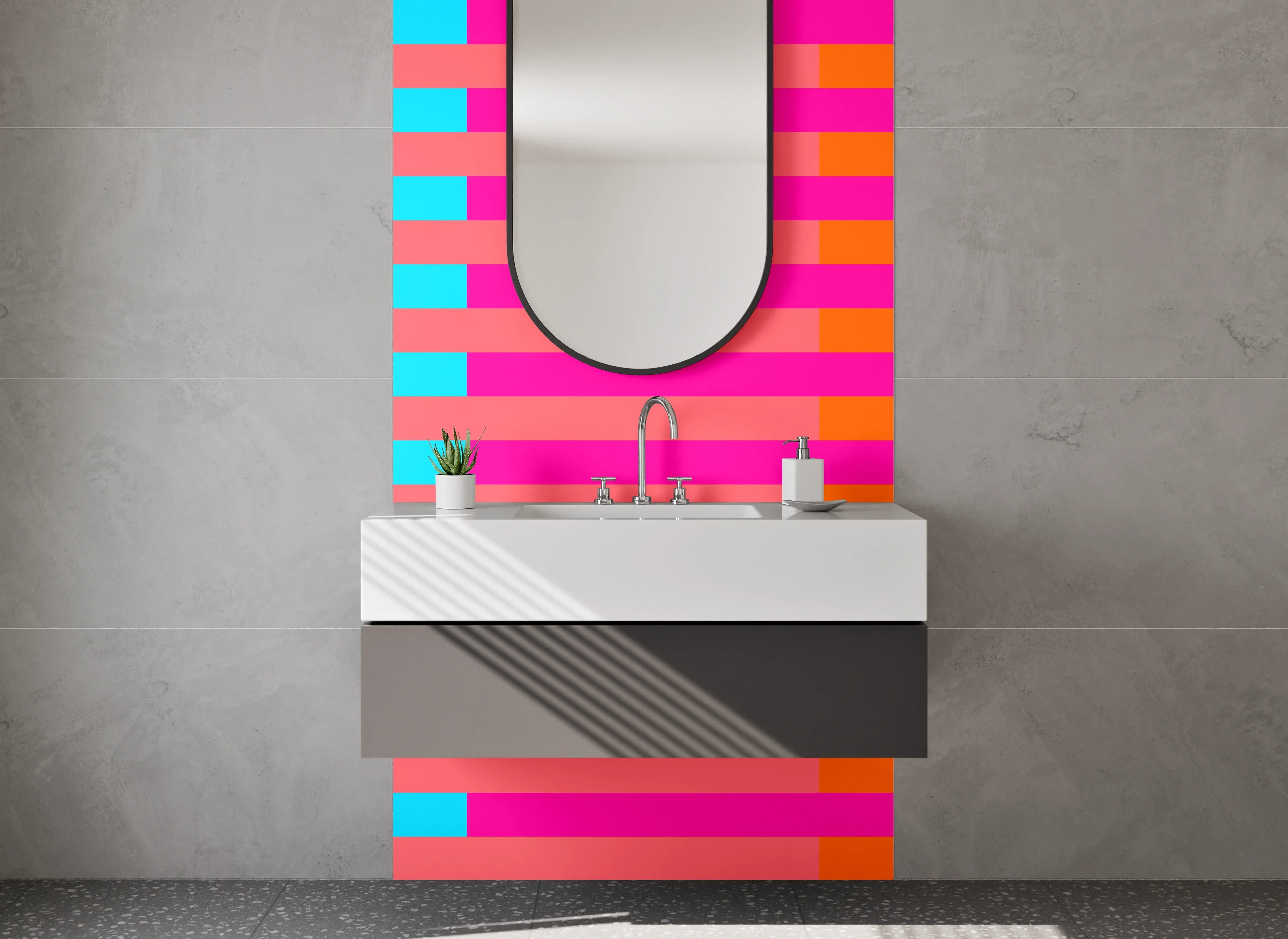 Waschbecken-Rückwand - Bunte Streifen in Cyan, Pink und Orange