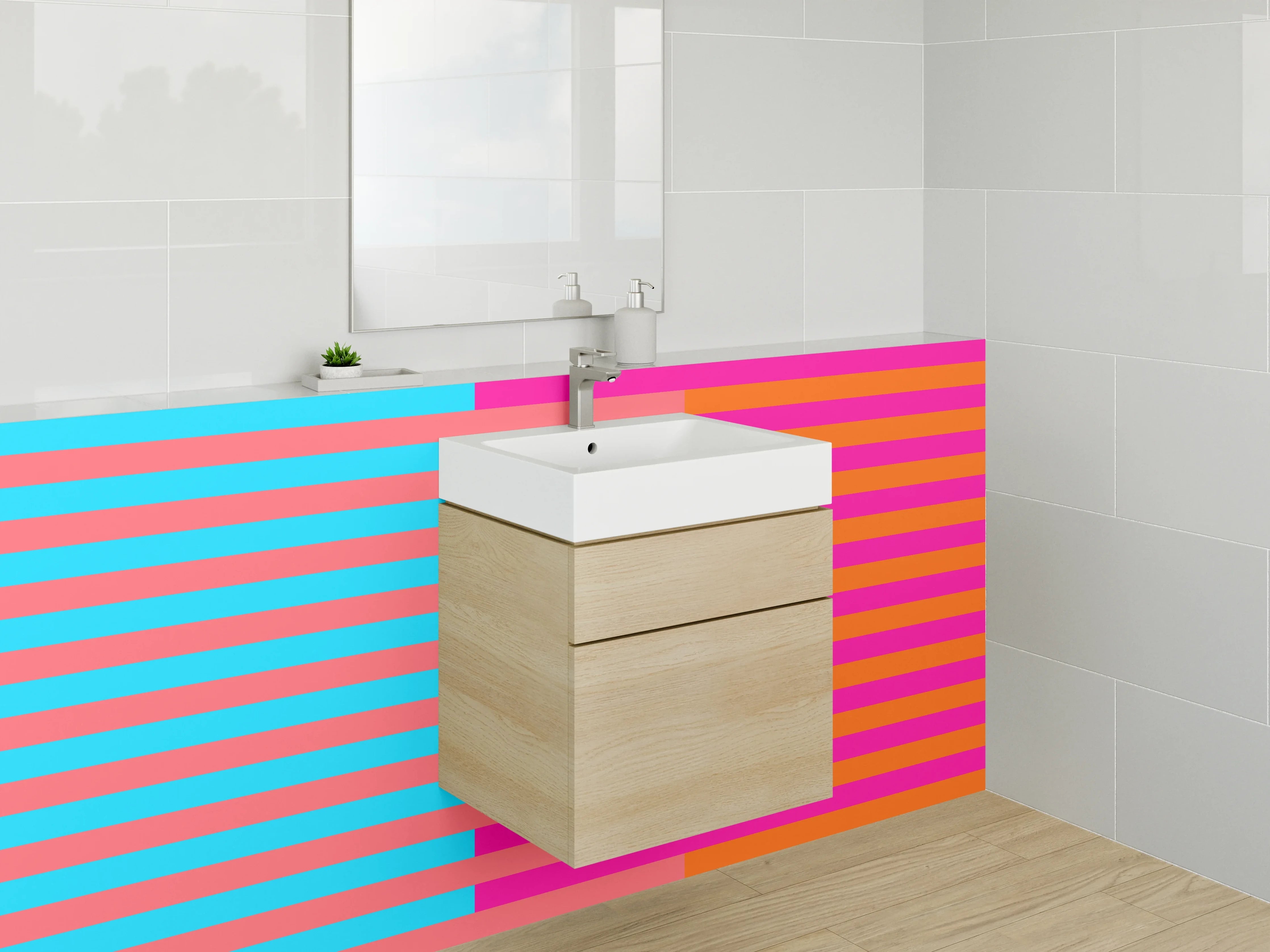 Waschbecken-Rückwand - Bunte Streifen in Cyan, Pink und Orange