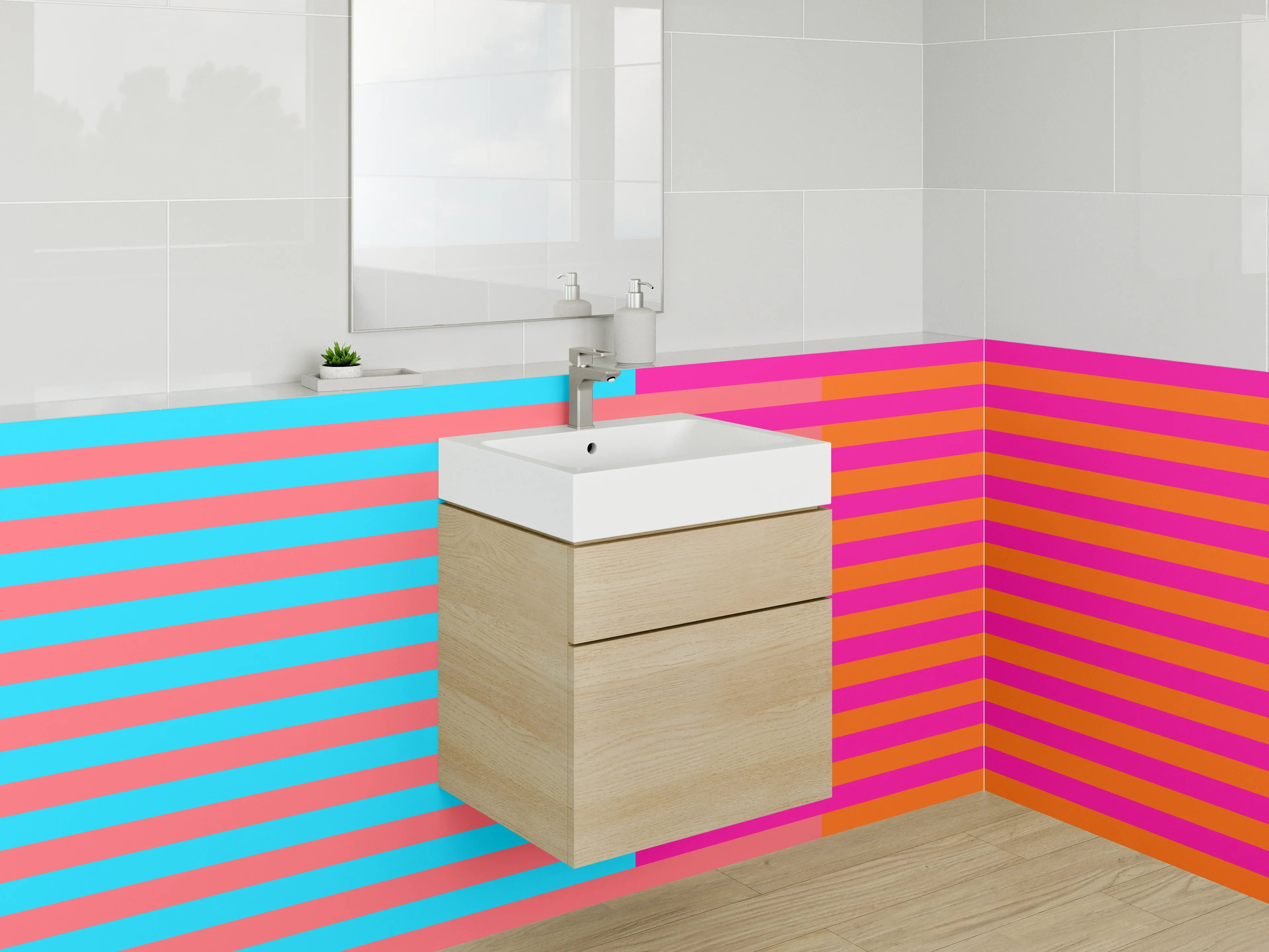 Waschbecken-Rückwand - Bunte Streifen in Cyan, Pink und Orange