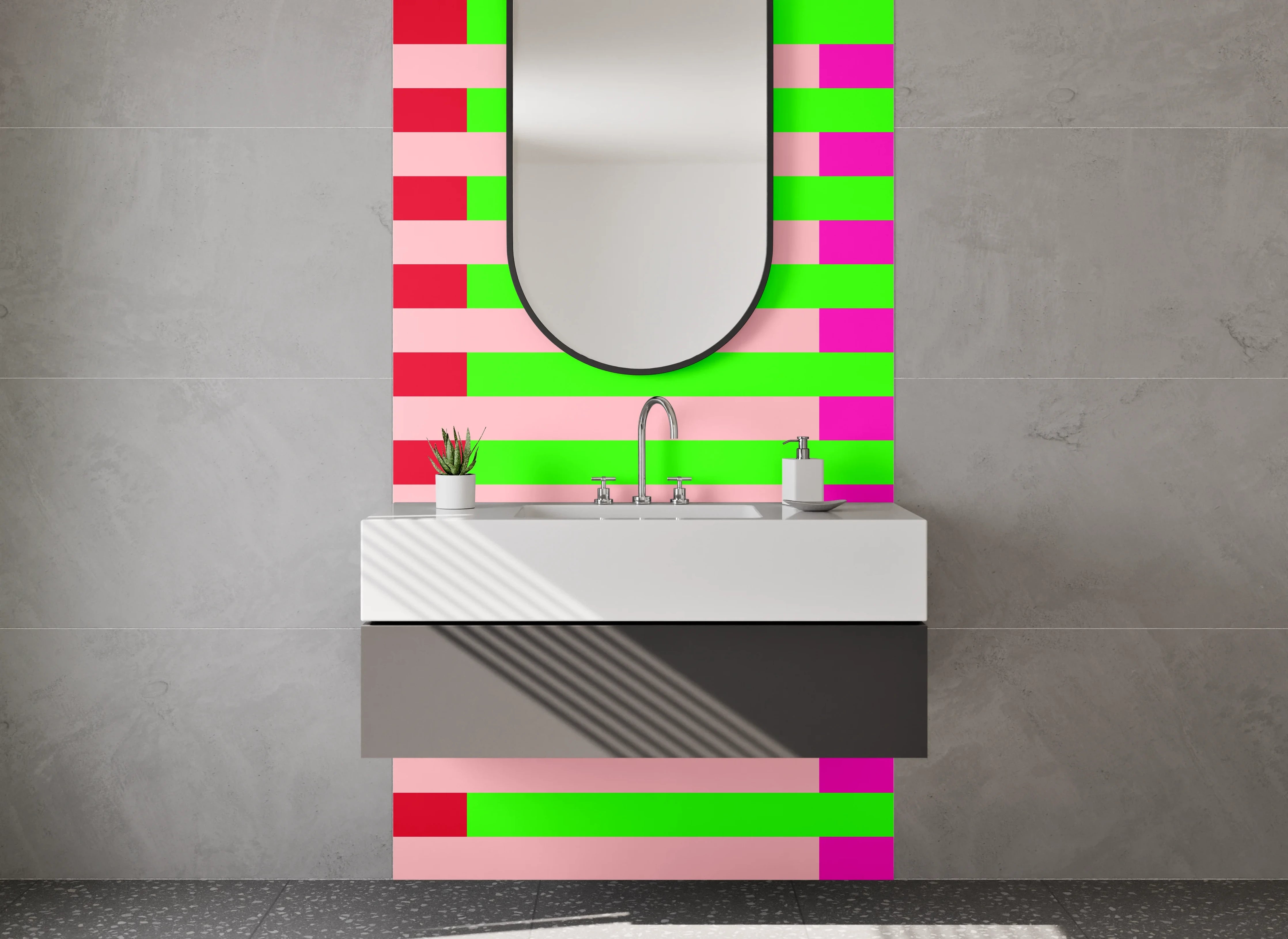 Waschbecken-Rückwand - Bunte Streifen in Rot, Grün, Pink und Schwarz