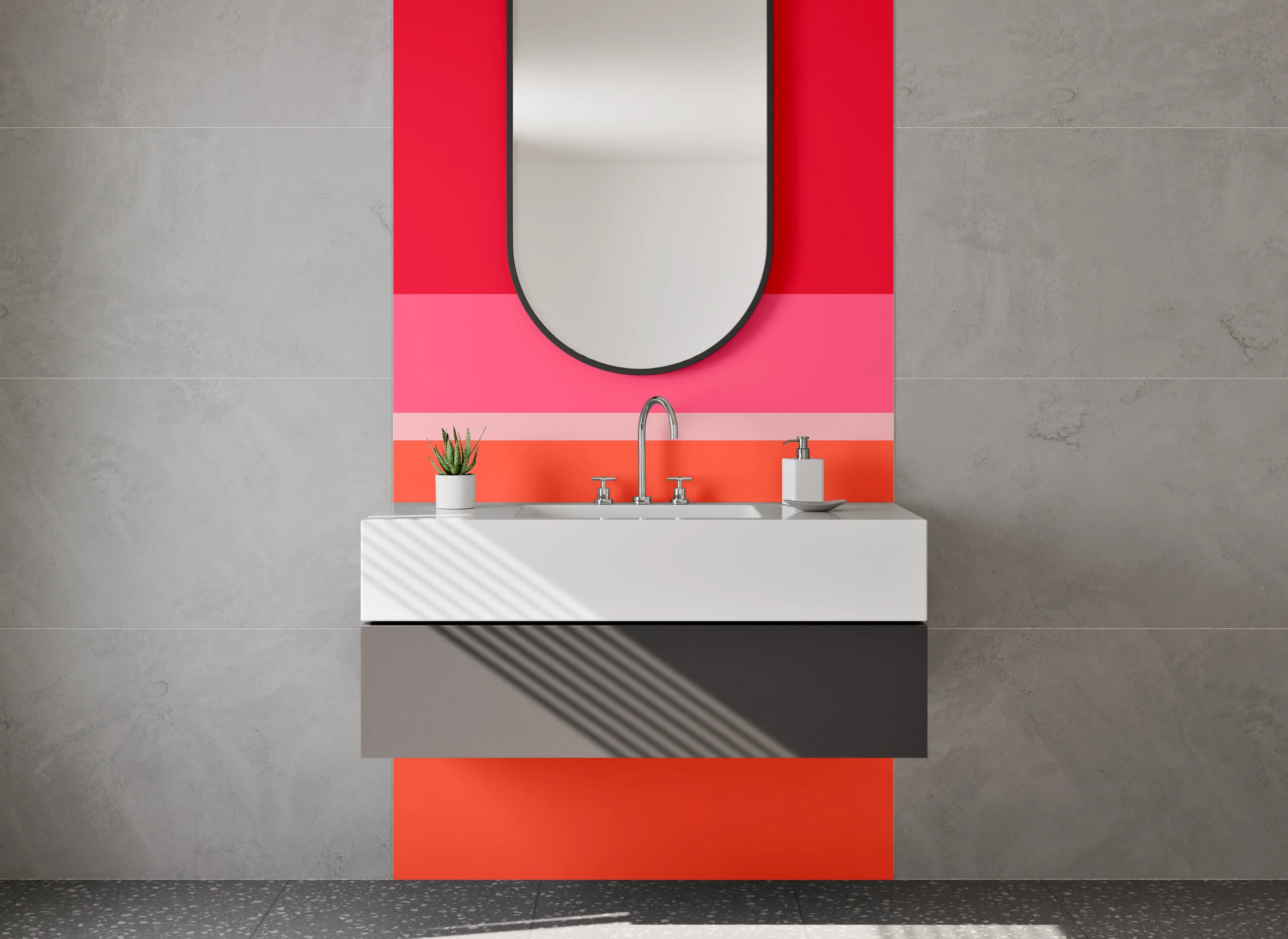 Waschbecken-Rückwand - Bunte Streifen in Rot, Pink, Orange und Grau