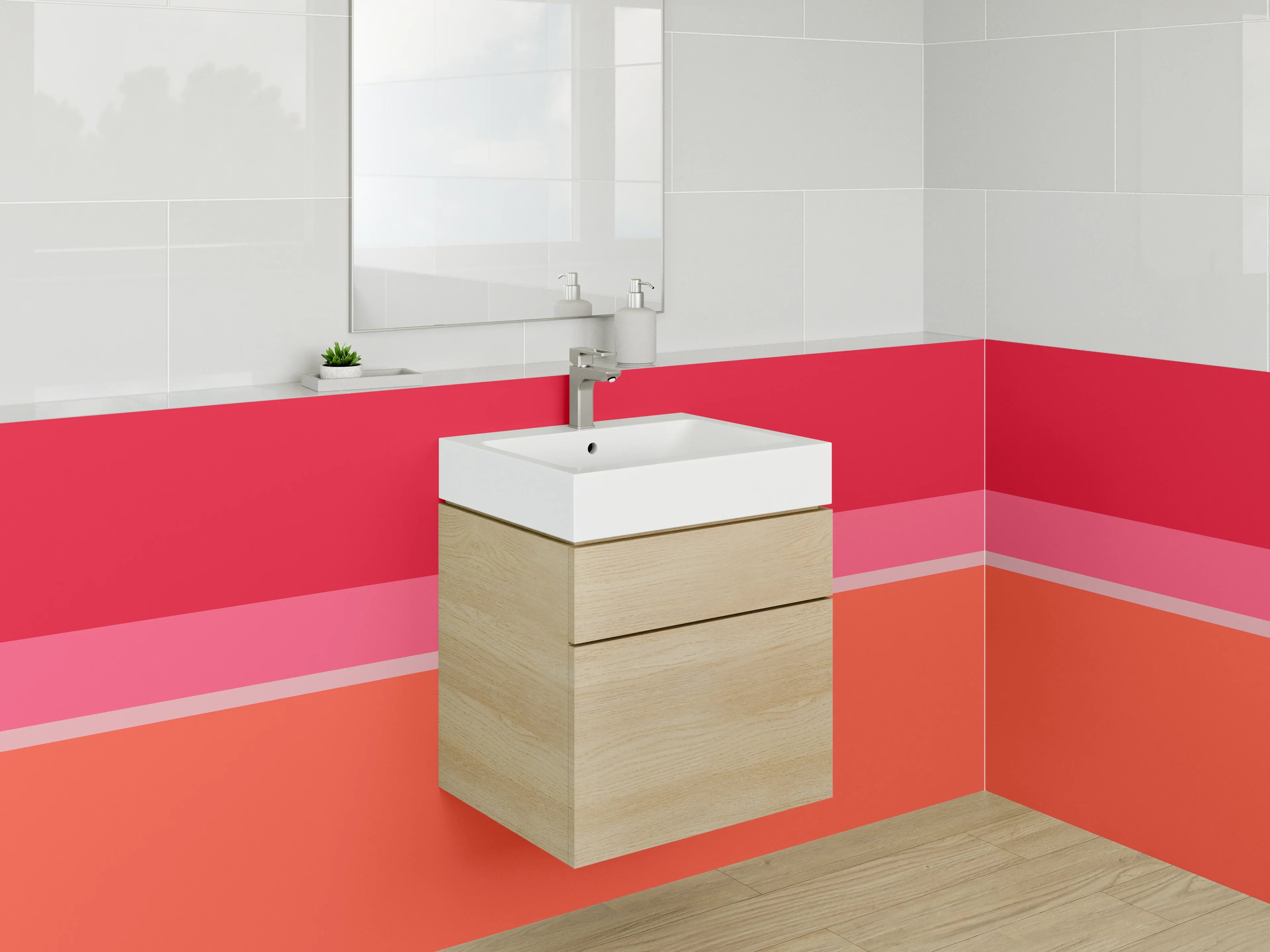 Waschbecken-Rückwand - Bunte Streifen in Rot, Pink, Orange und Grau