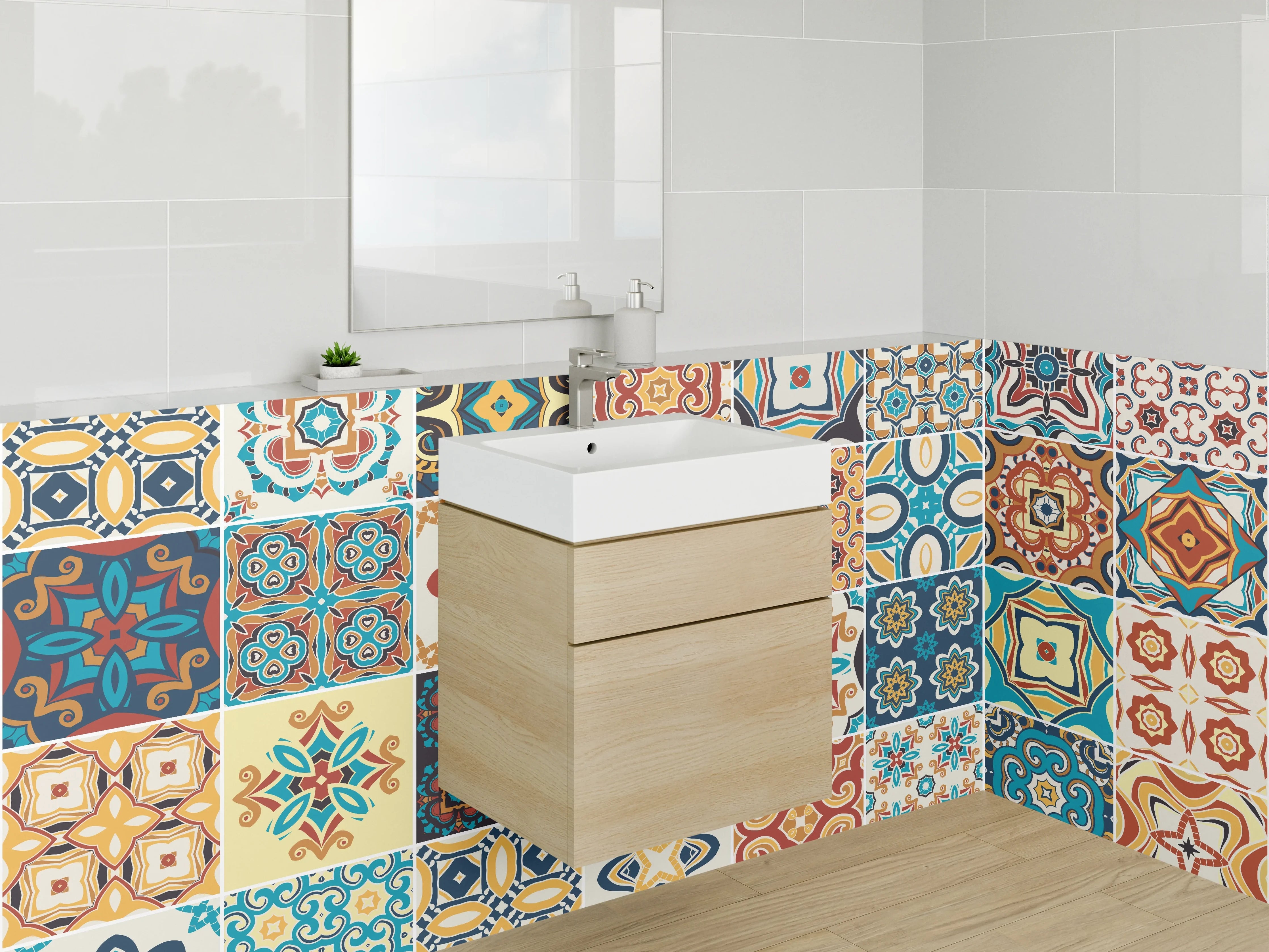 Waschbecken-Rückwand - Bunte Vintage-Fliesen Patchwork Muster