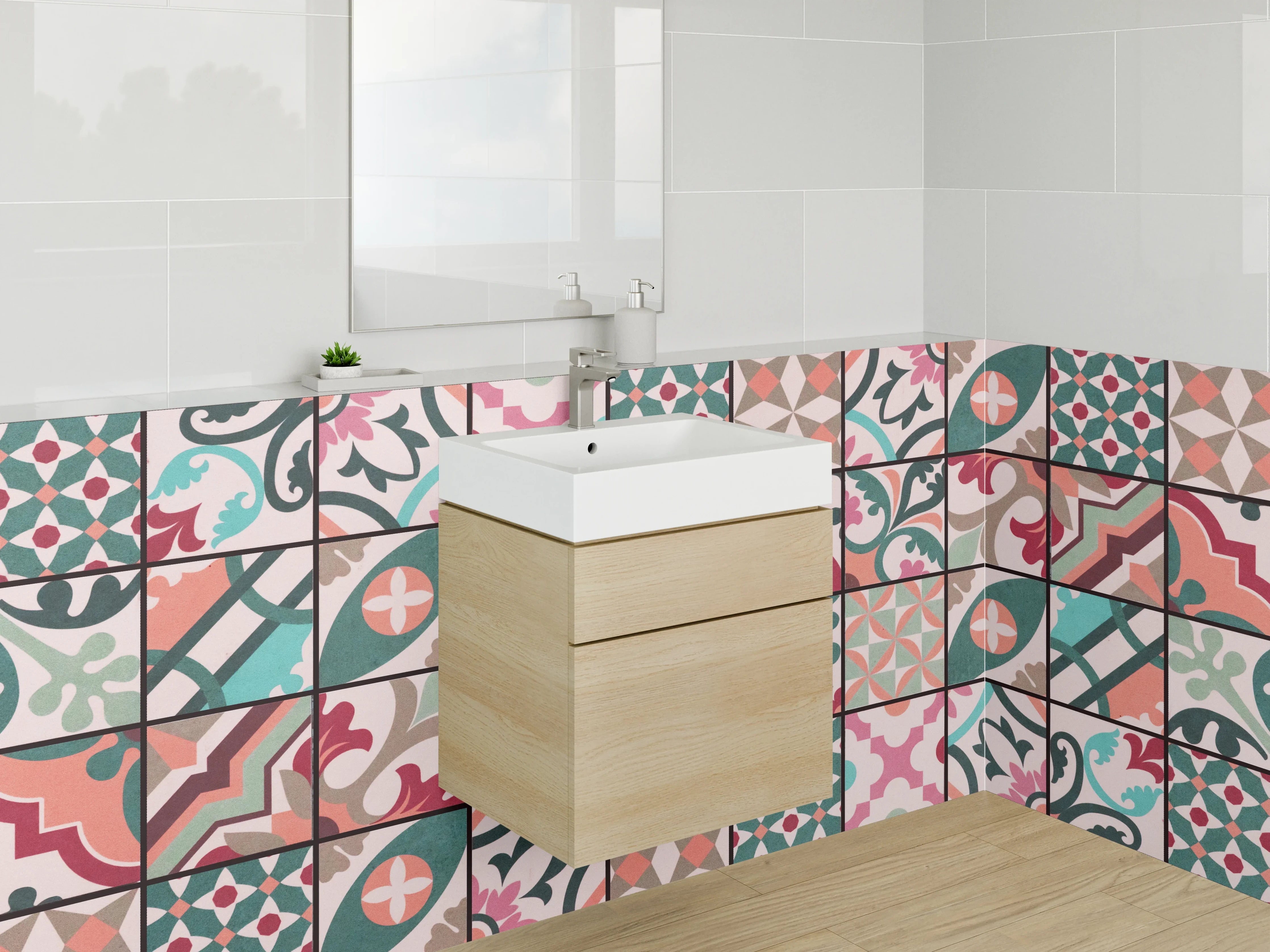 Waschbecken-Rückwand - Bunte Vintage Patchwork Fliesenmuster