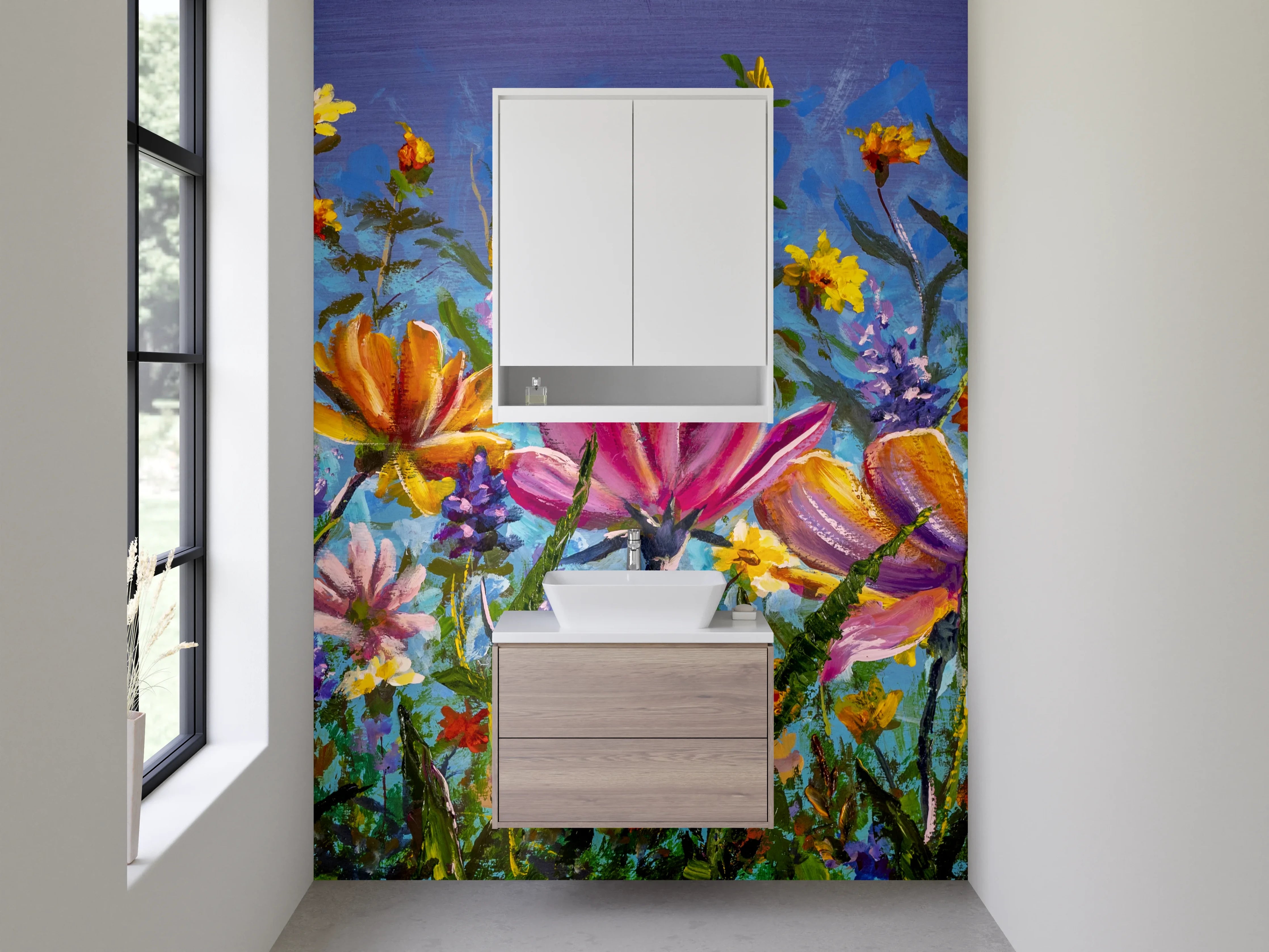 Waschbecken-Rückwand - Bunte Wildblumen Malerei auf Blau