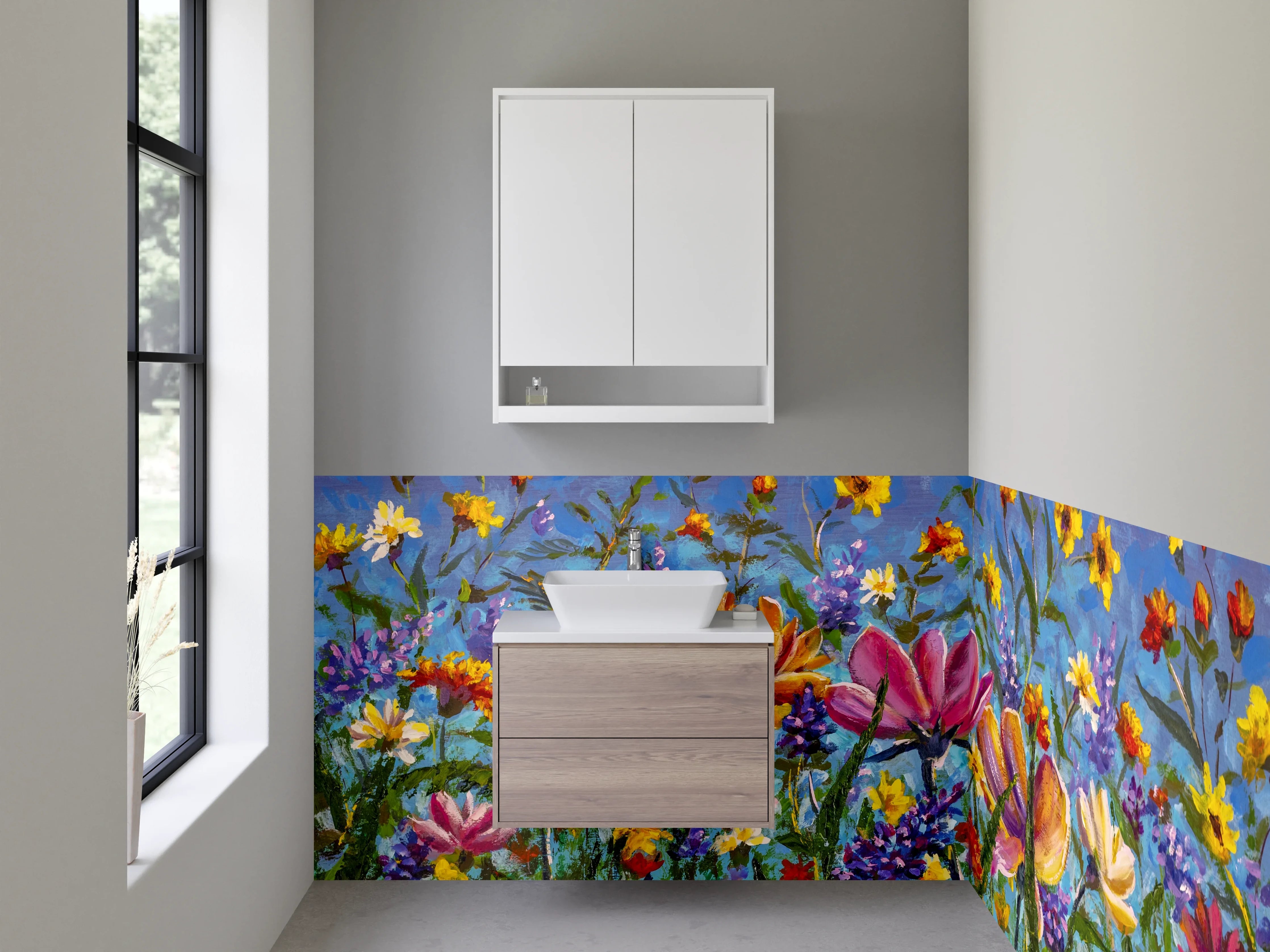 Waschbecken-Rückwand - Bunte Wildblumen Malerei auf Blau