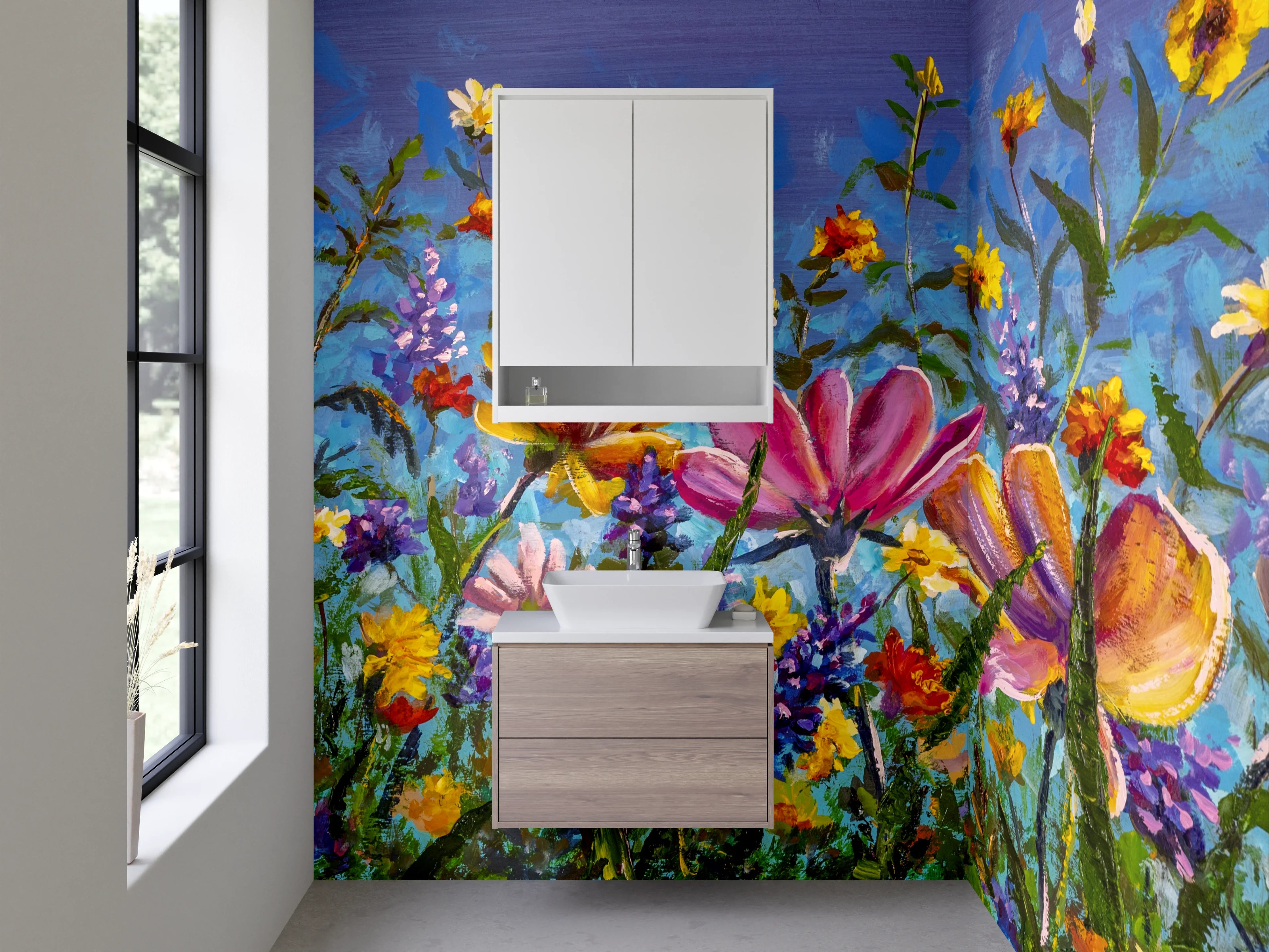 Waschbecken-Rückwand - Bunte Wildblumen Malerei auf Blau