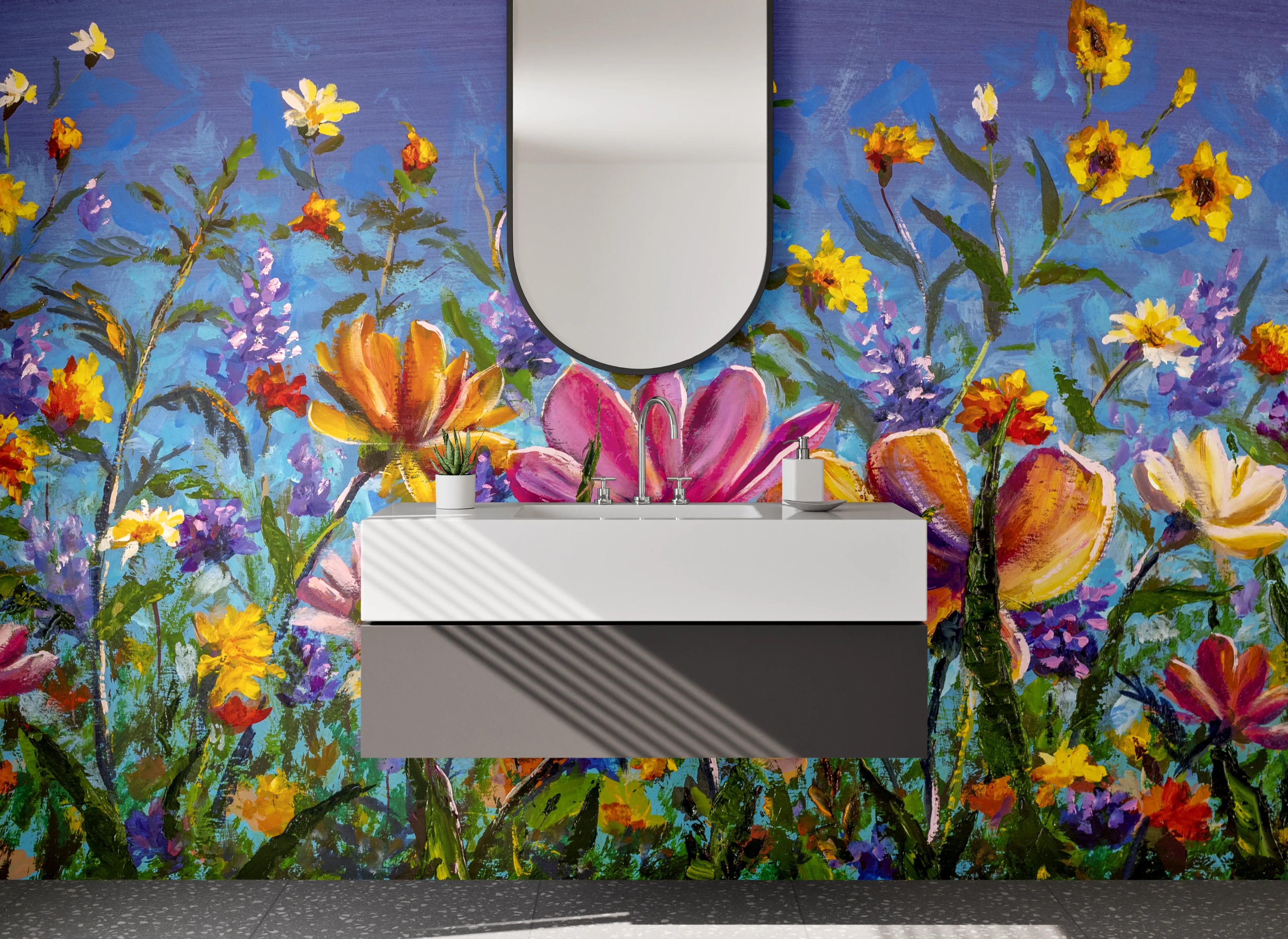 Waschbecken-Rückwand - Bunte Wildblumen Malerei auf Blau