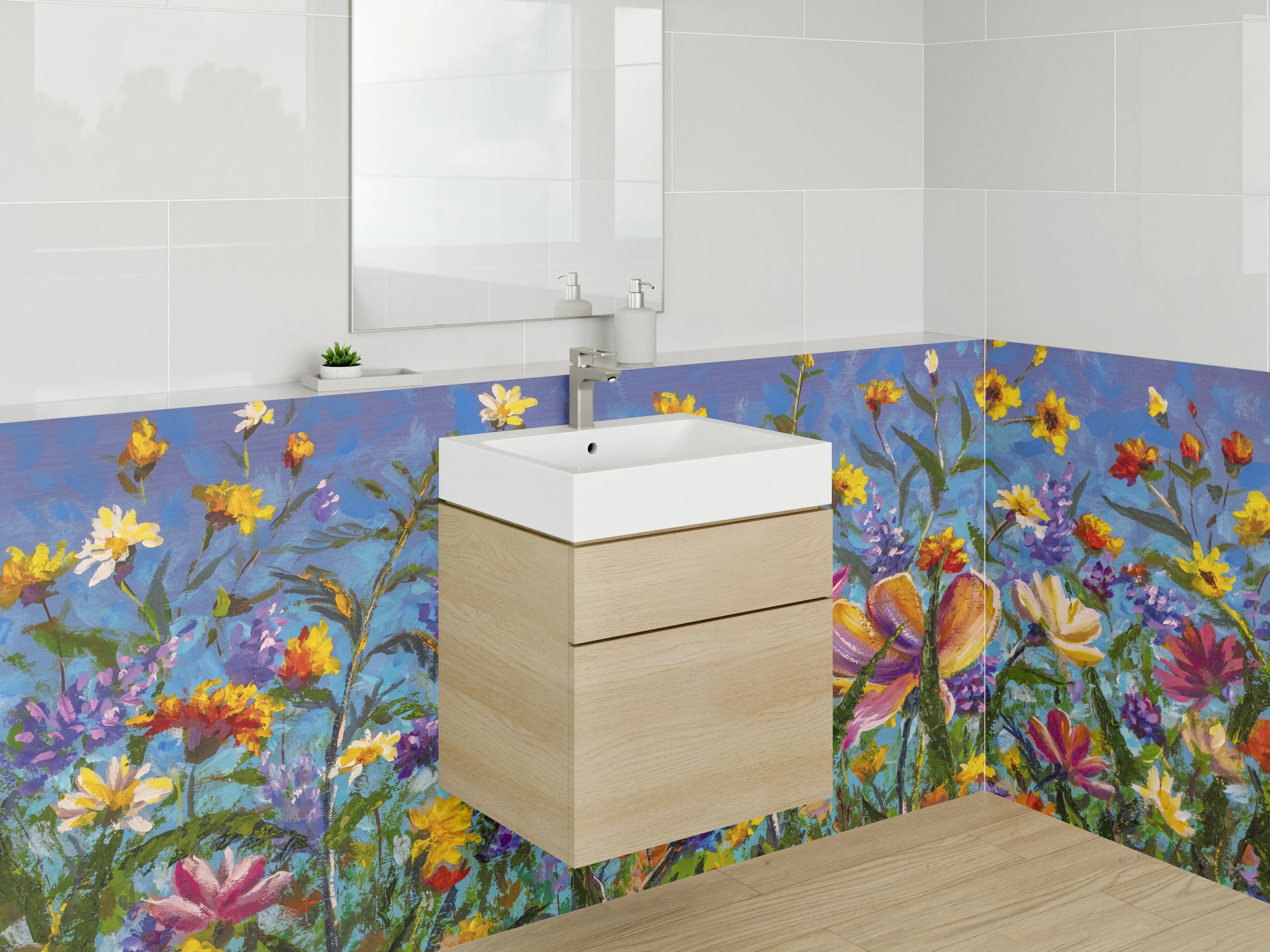Waschbecken-Rückwand - Bunte Wildblumen Malerei auf Blau