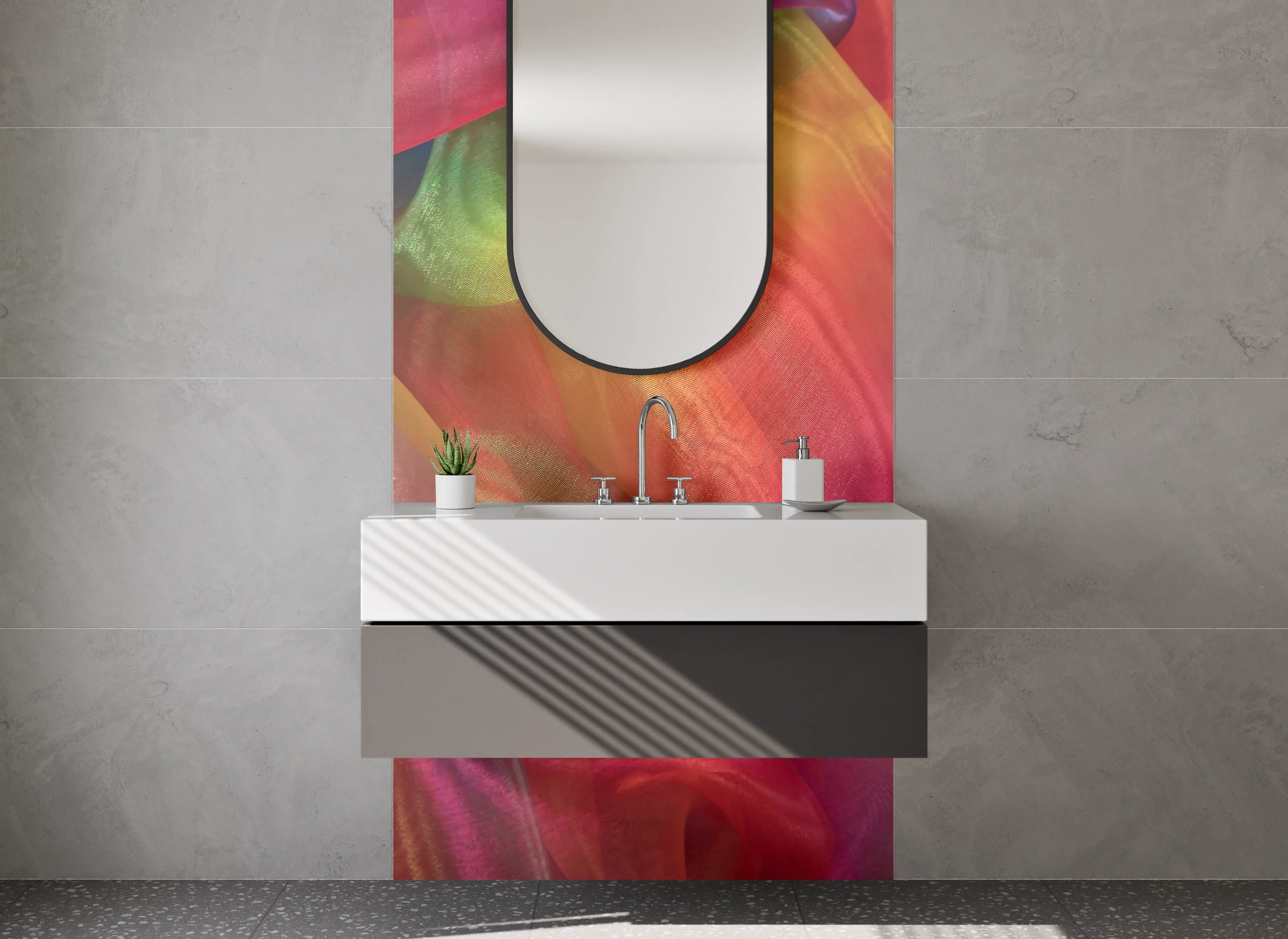 Waschbecken-Rückwand - Bunte abstrakte Farbvielfalt Stoff-Optik