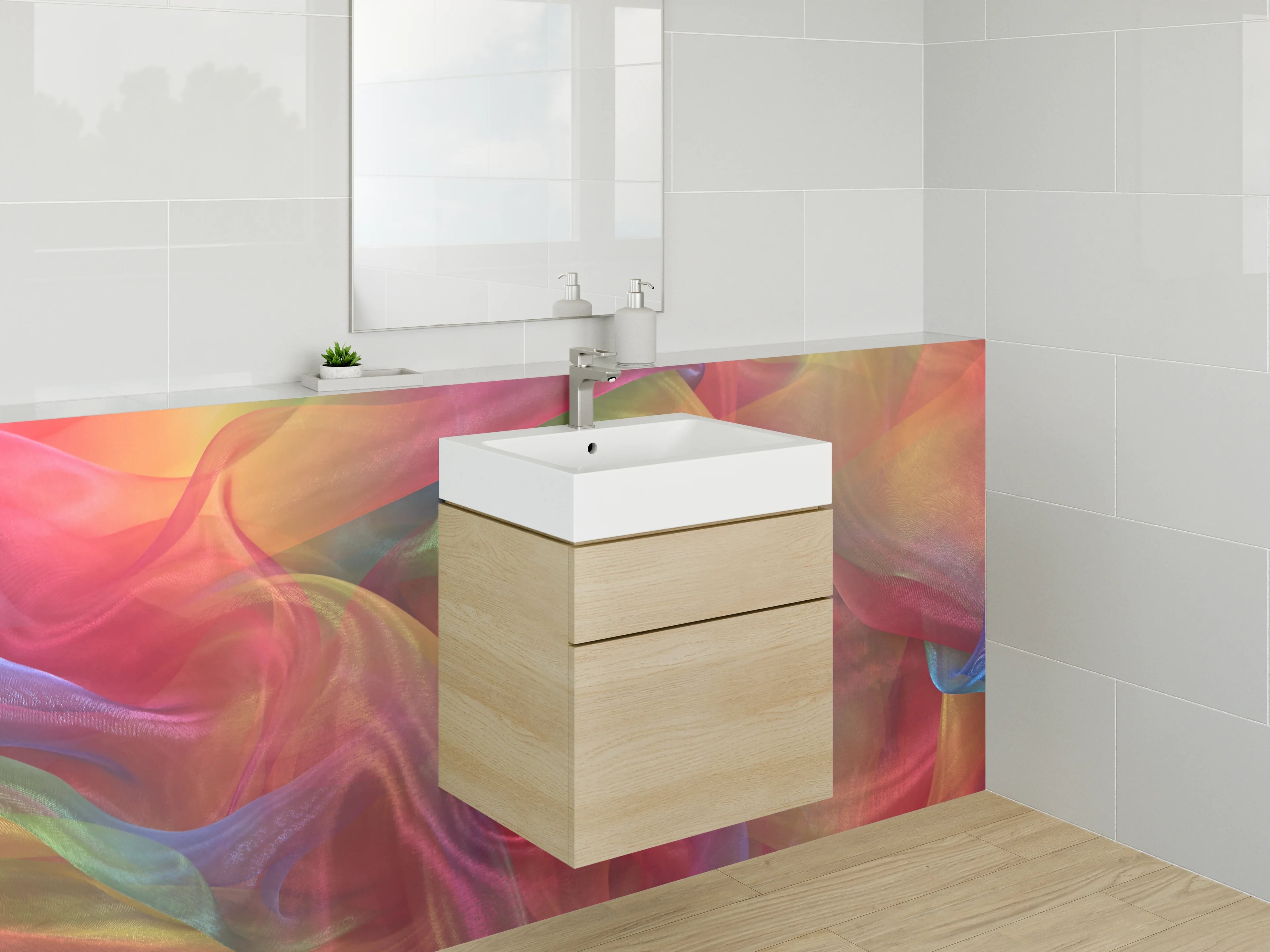 Waschbecken-Rückwand - Bunte abstrakte Farbvielfalt Stoff-Optik