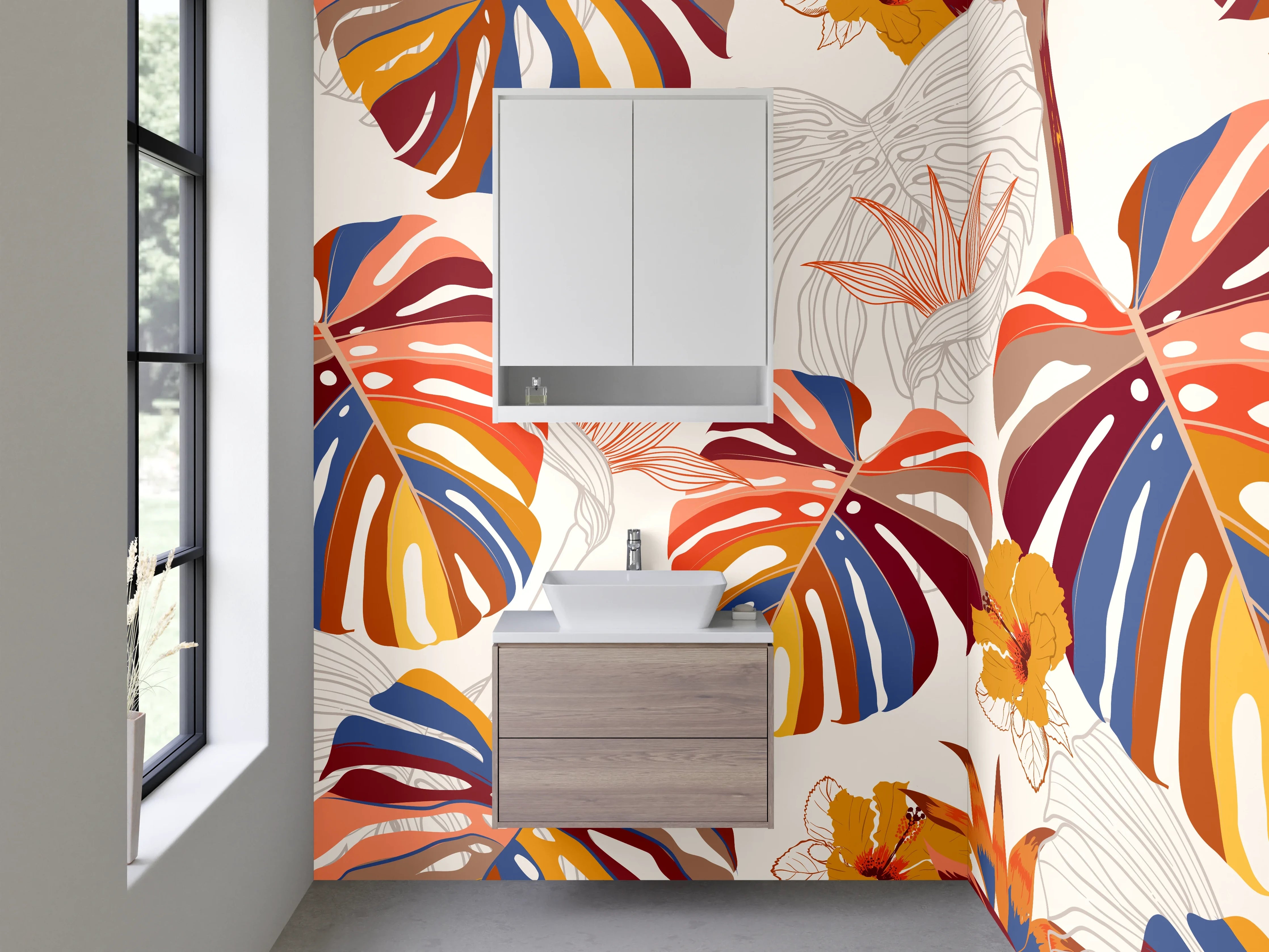 Waschbecken-Rückwand - Bunter Dschungelblatt-Mix modern
