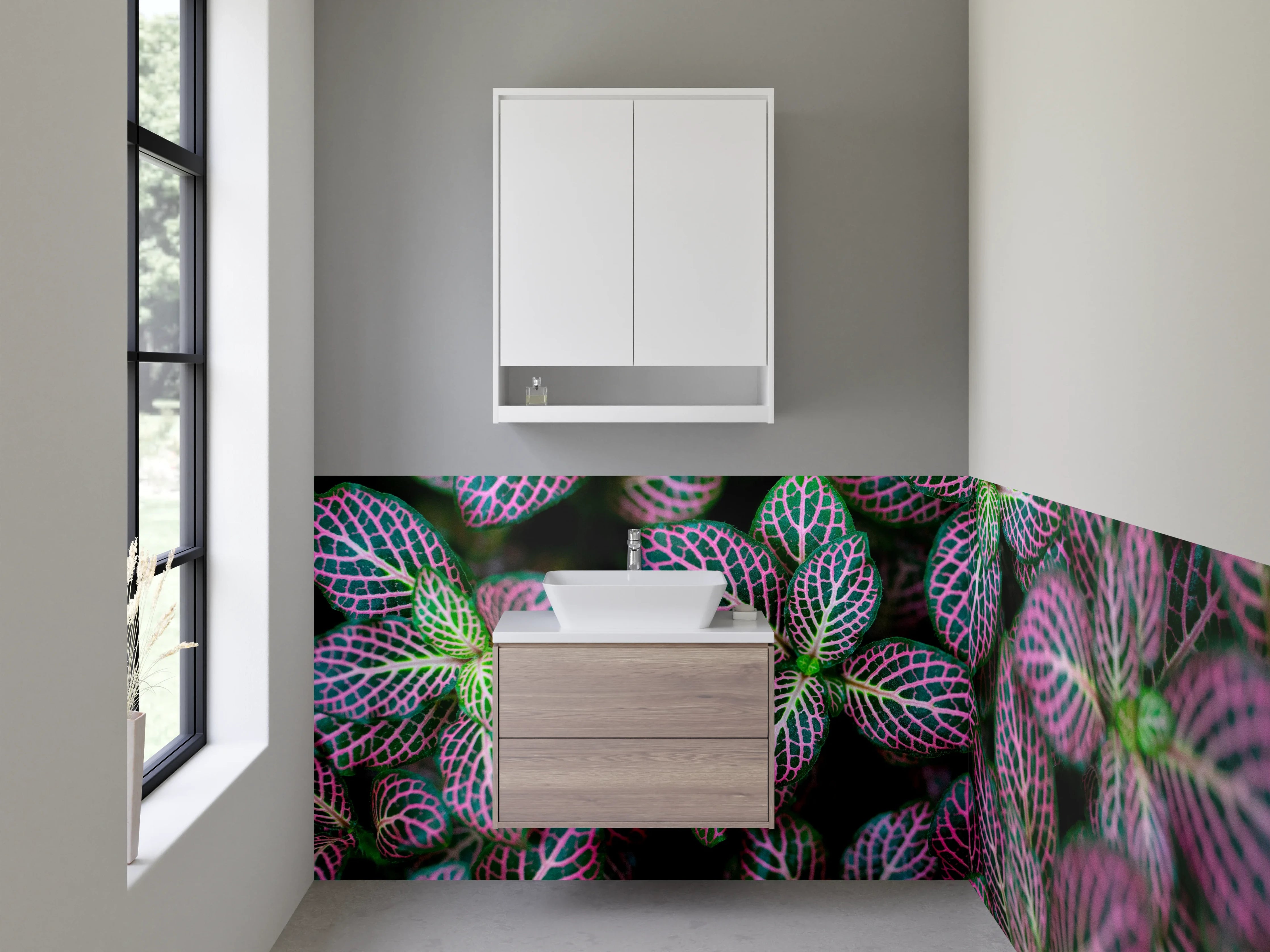 Waschbecken-Rückwand - Buntes Pflanzenmuster – Grün Pink Modern