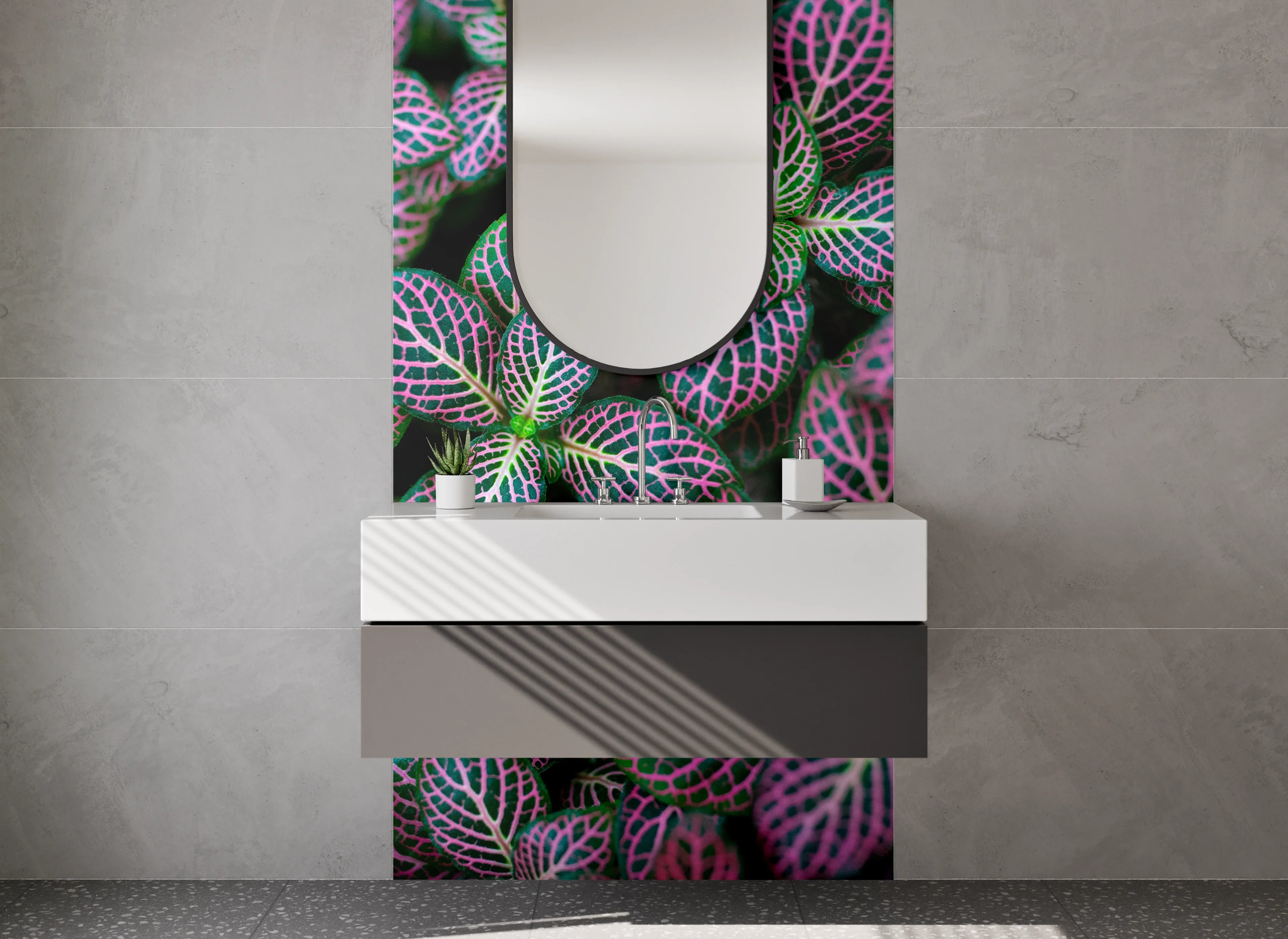 Waschbecken-Rückwand - Buntes Pflanzenmuster – Grün Pink Modern