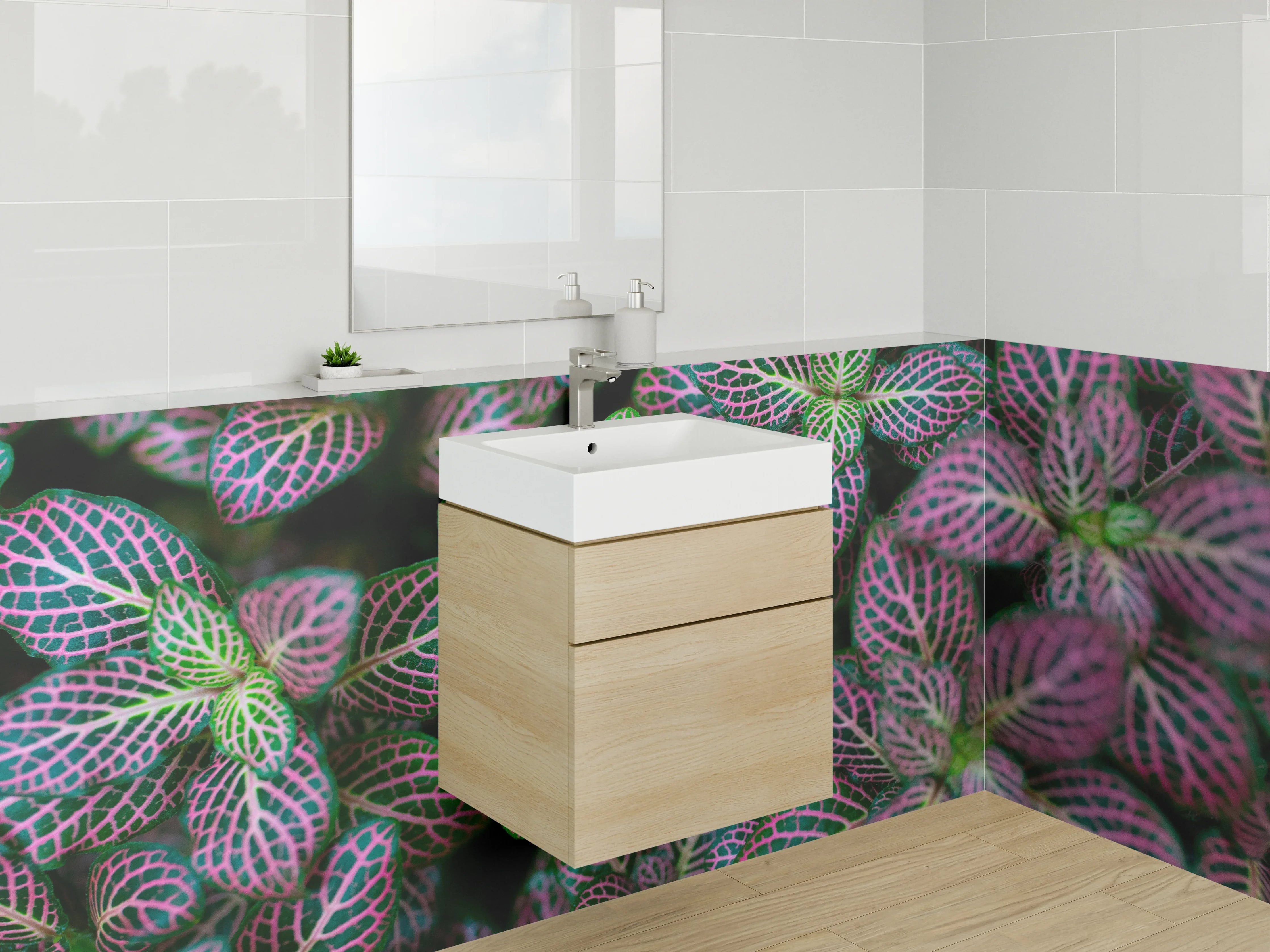 Waschbecken-Rückwand - Buntes Pflanzenmuster – Grün Pink Modern