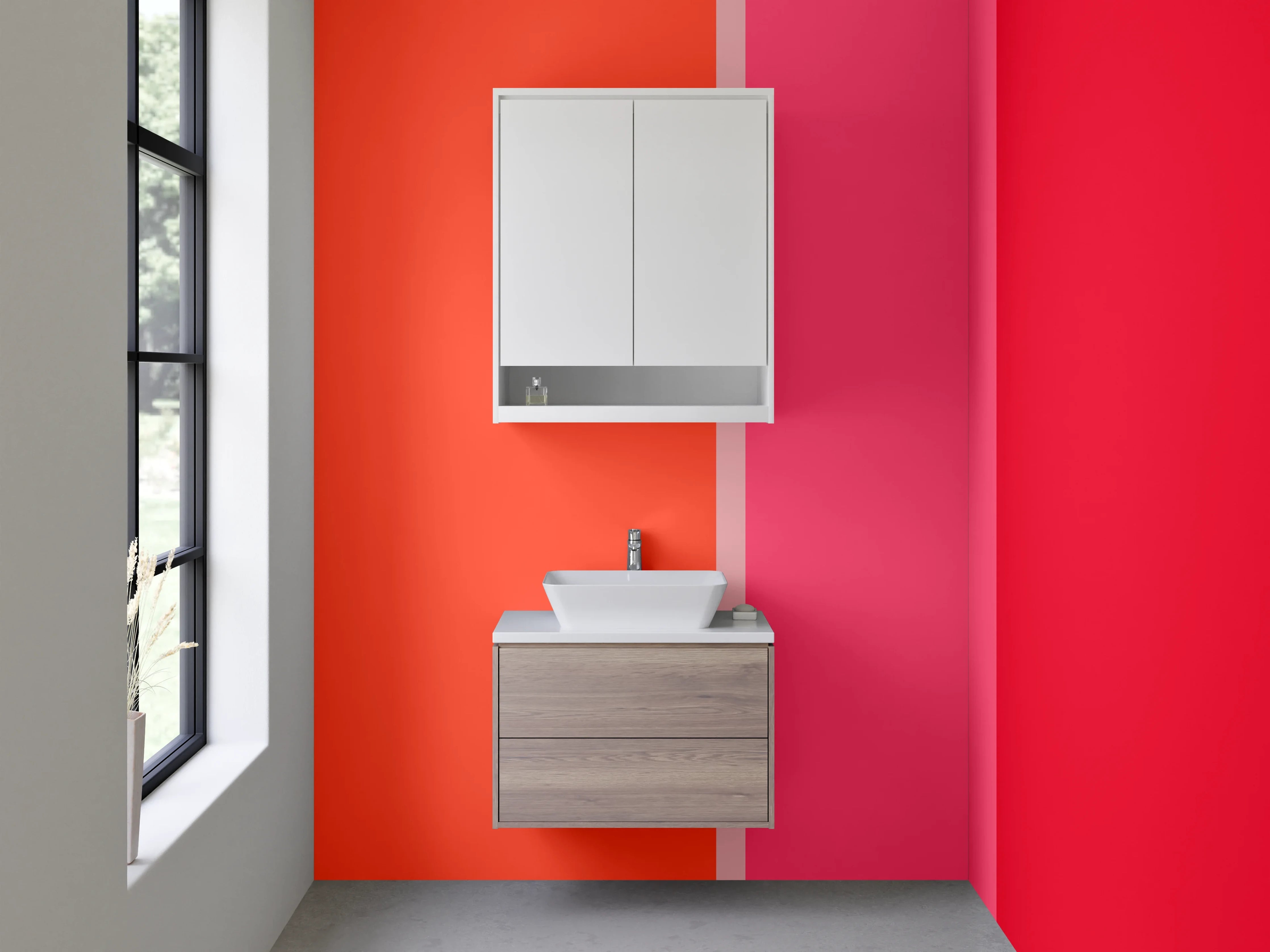 Waschbecken-Rückwand - Buntes Streifenmuster in Rot- und Pinktönen