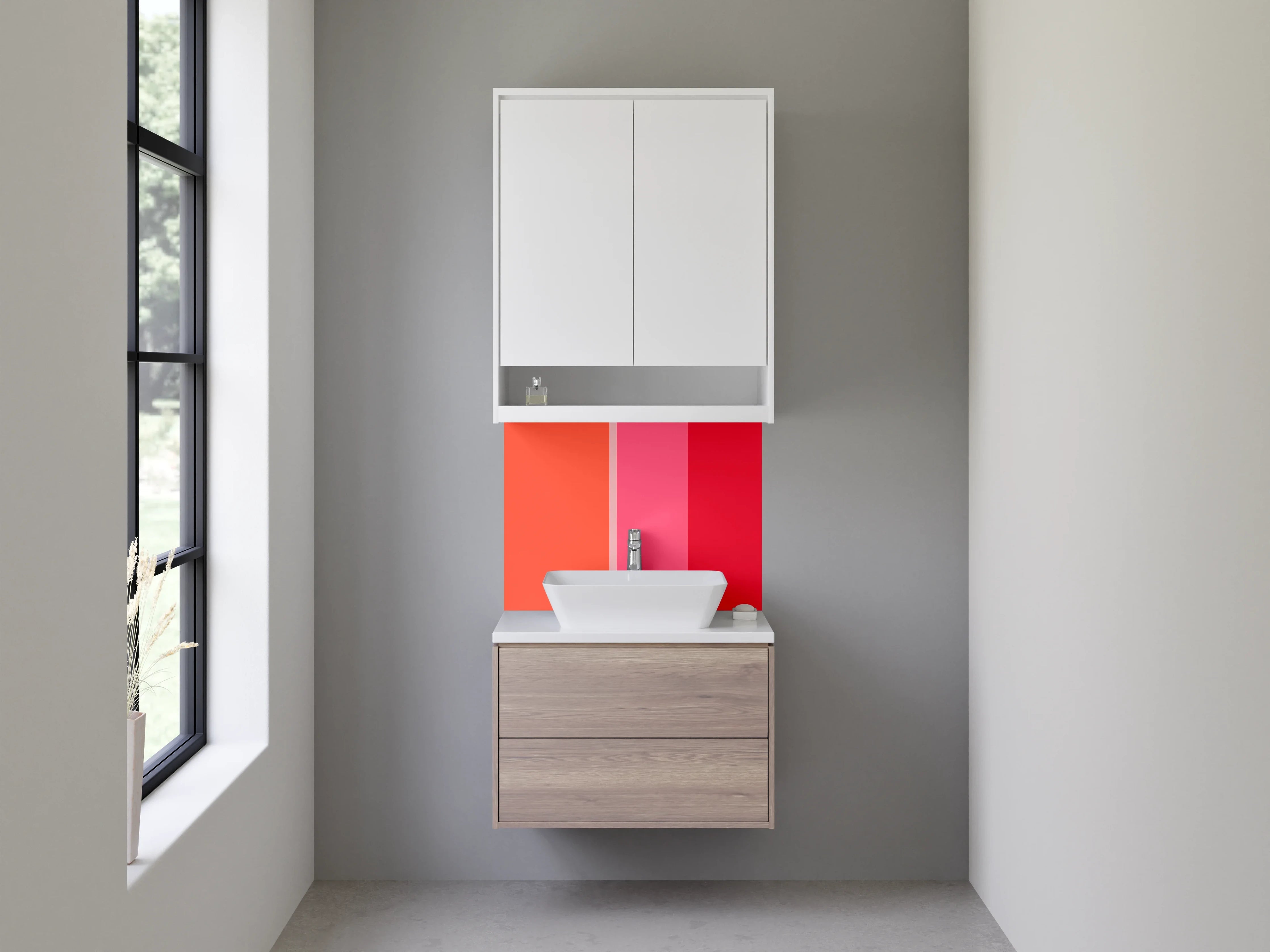 Waschbecken-Rückwand - Buntes Streifenmuster in Rot- und Pinktönen