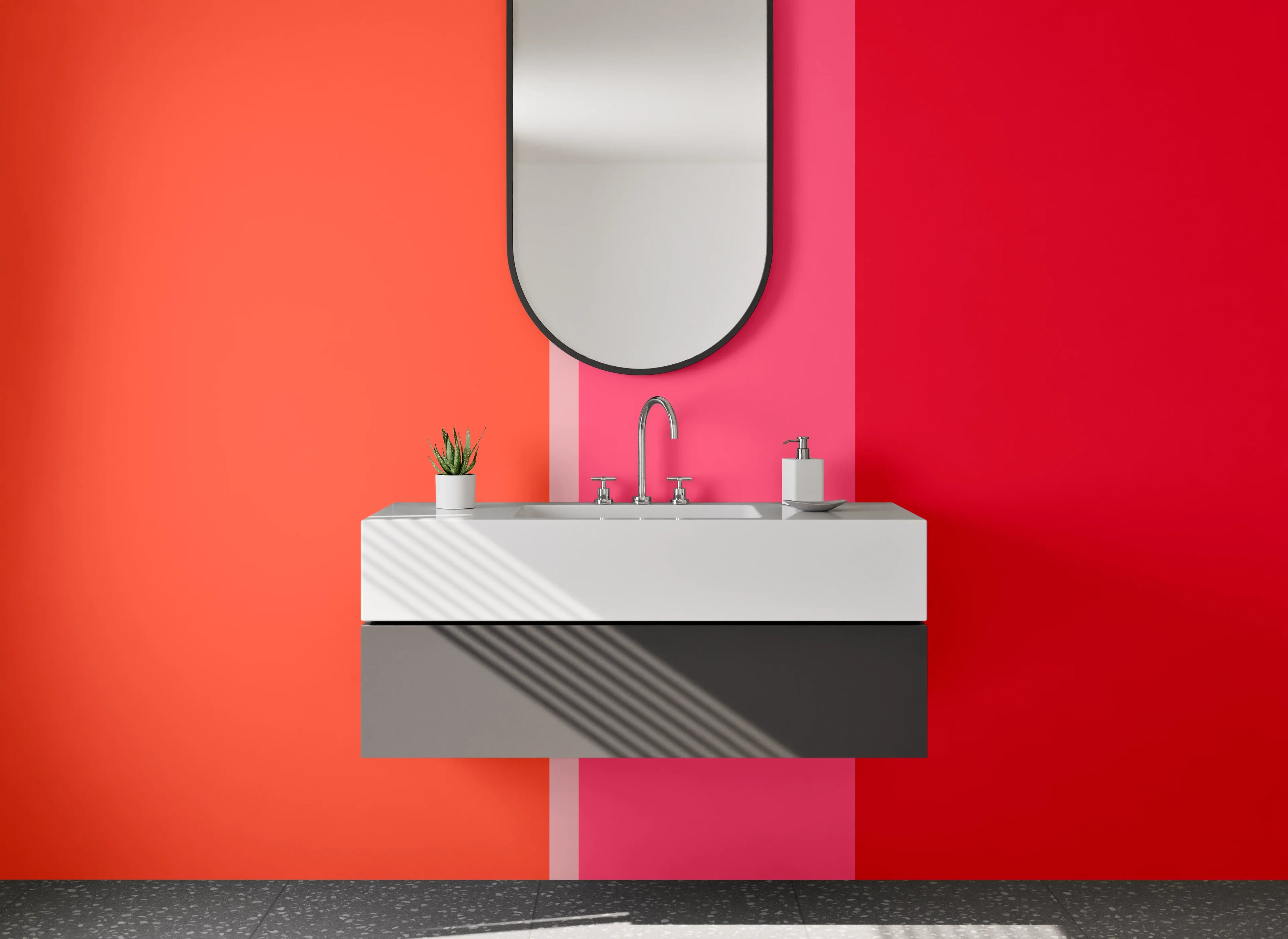 Waschbecken-Rückwand - Buntes Streifenmuster in Rot- und Pinktönen