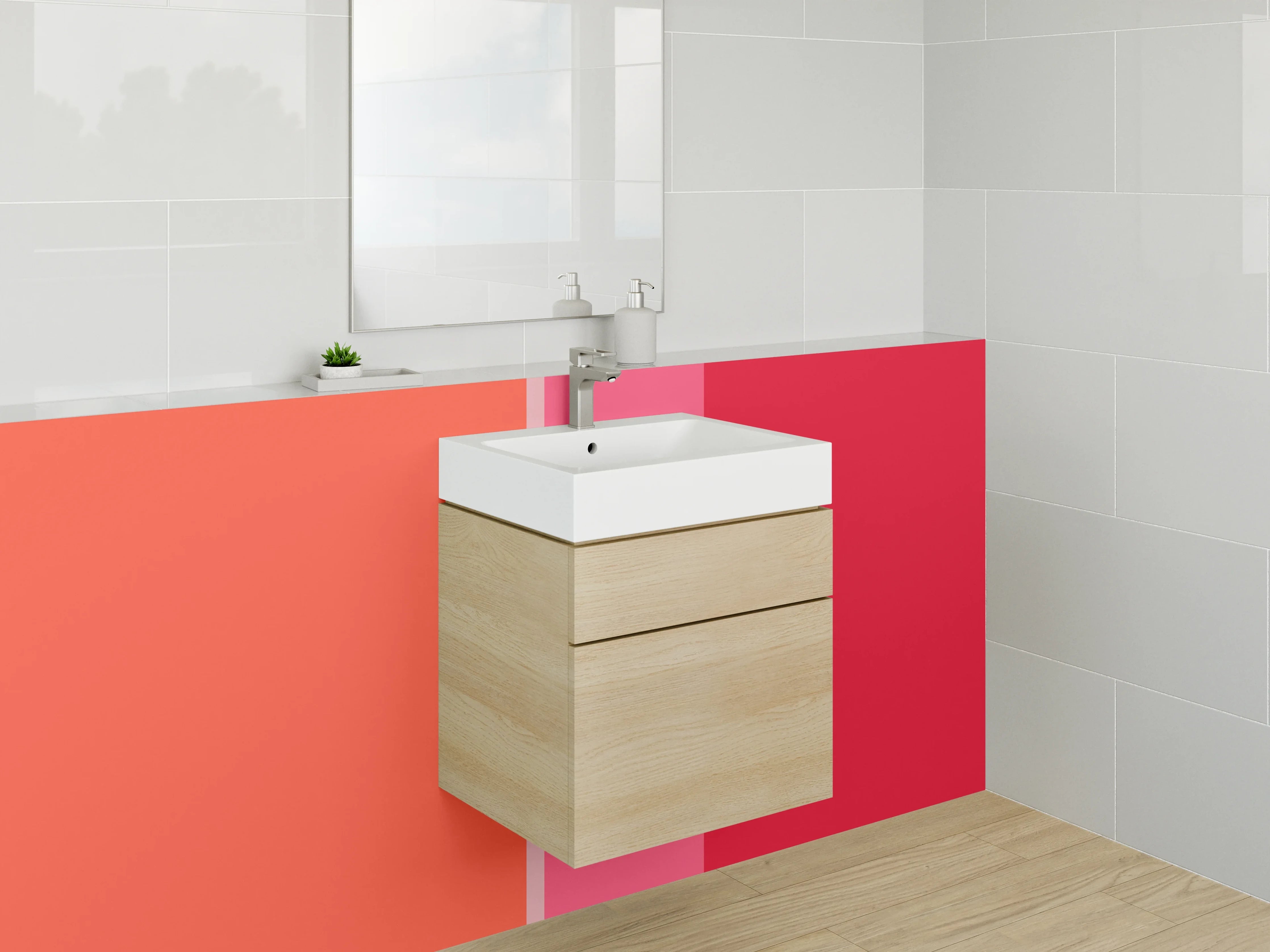 Waschbecken-Rückwand - Buntes Streifenmuster in Rot- und Pinktönen