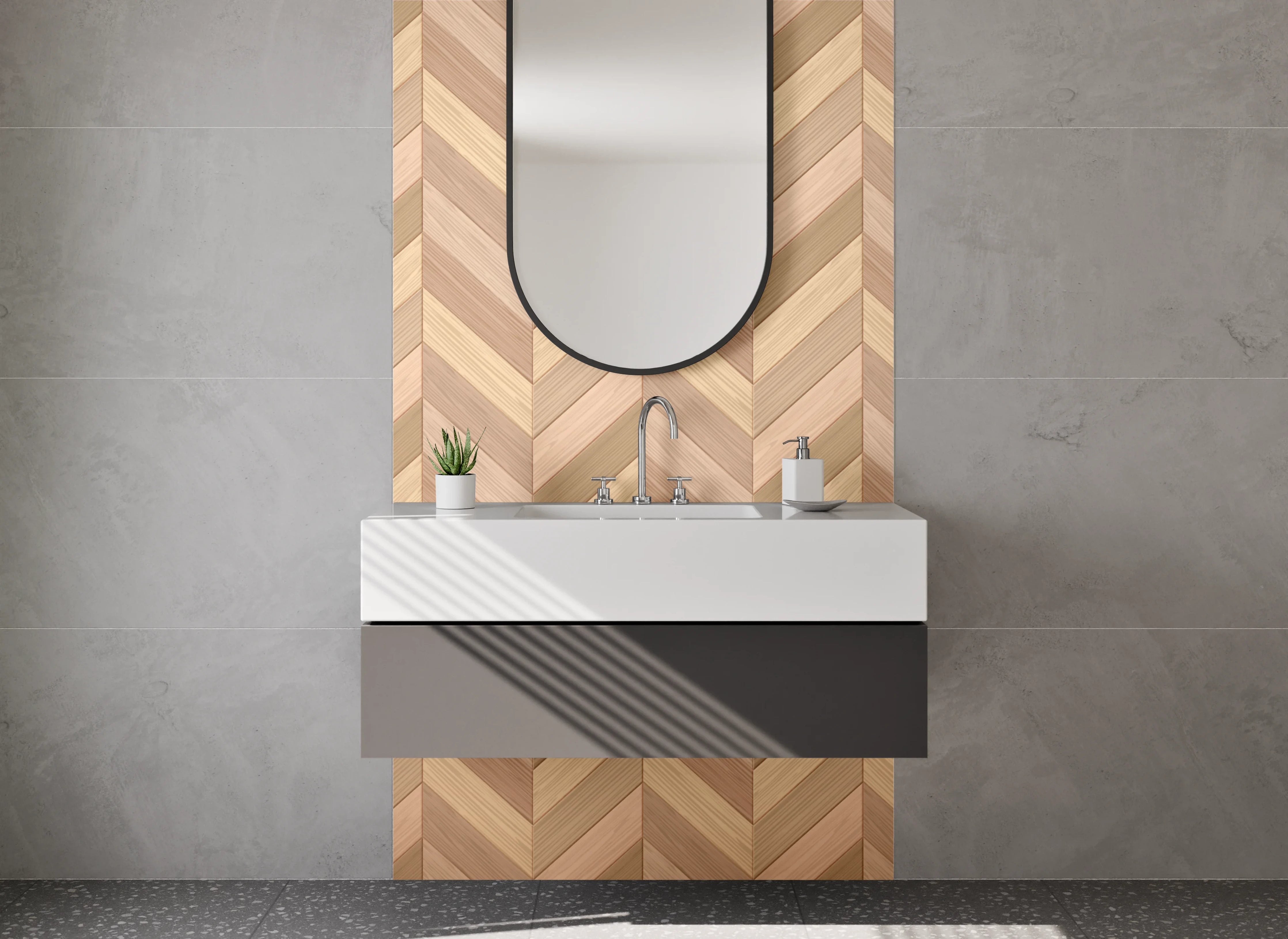 Waschbecken-Rückwand - Chevron Holz Muster Tapete