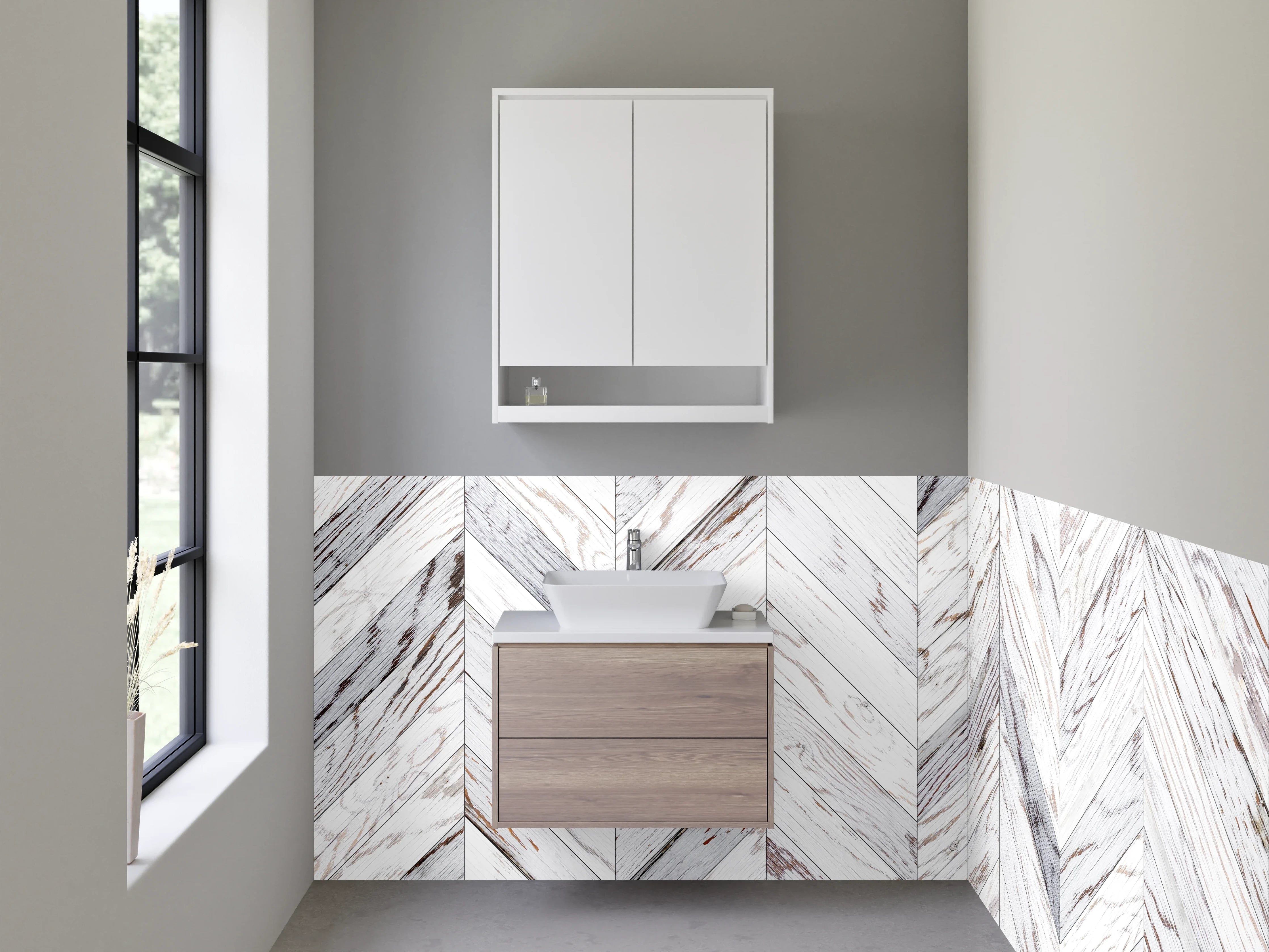 Waschbecken-Rückwand - Chevron Holzoptik Weiß Grau