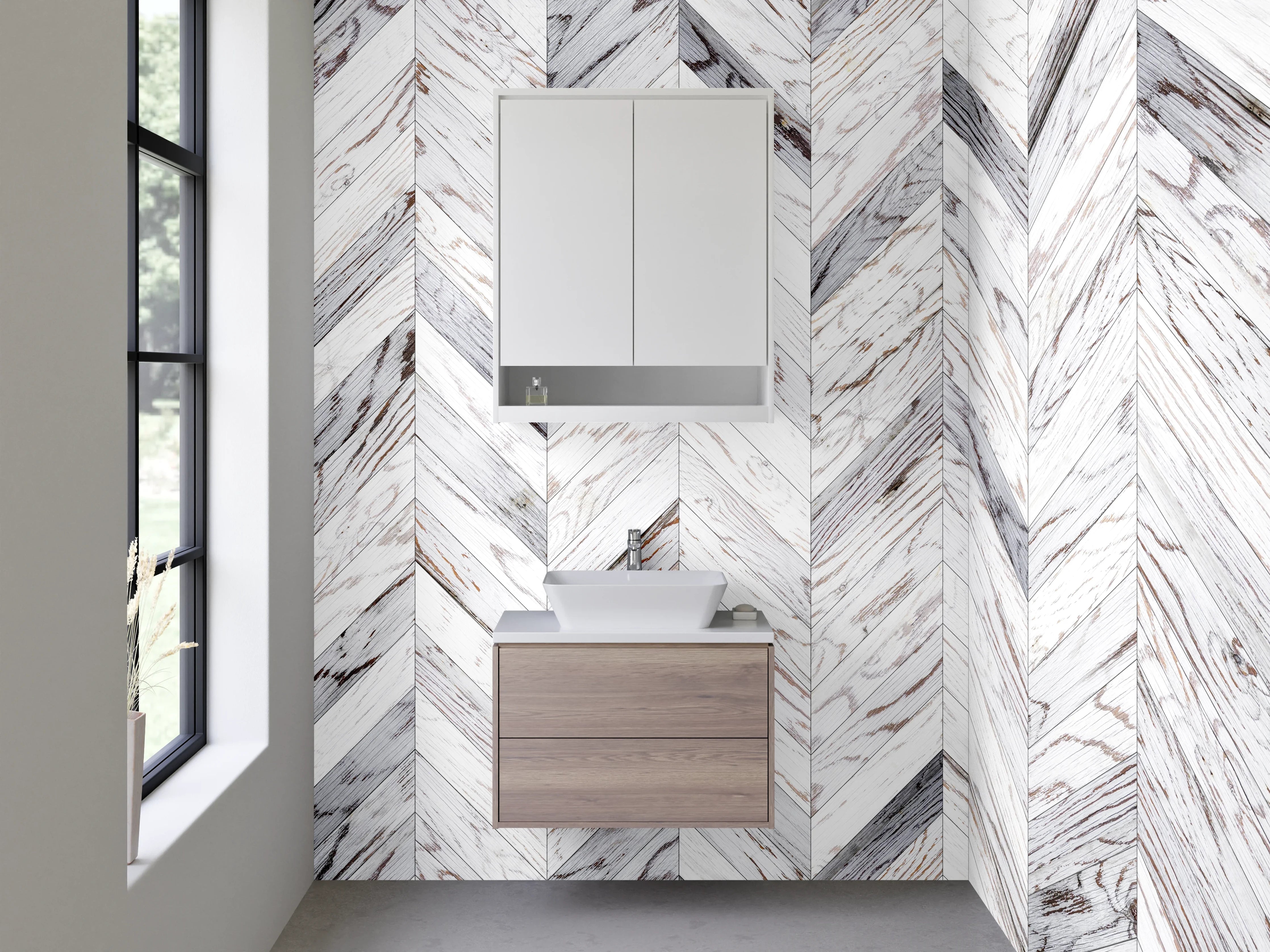 Waschbecken-Rückwand - Chevron Holzoptik Weiß Grau