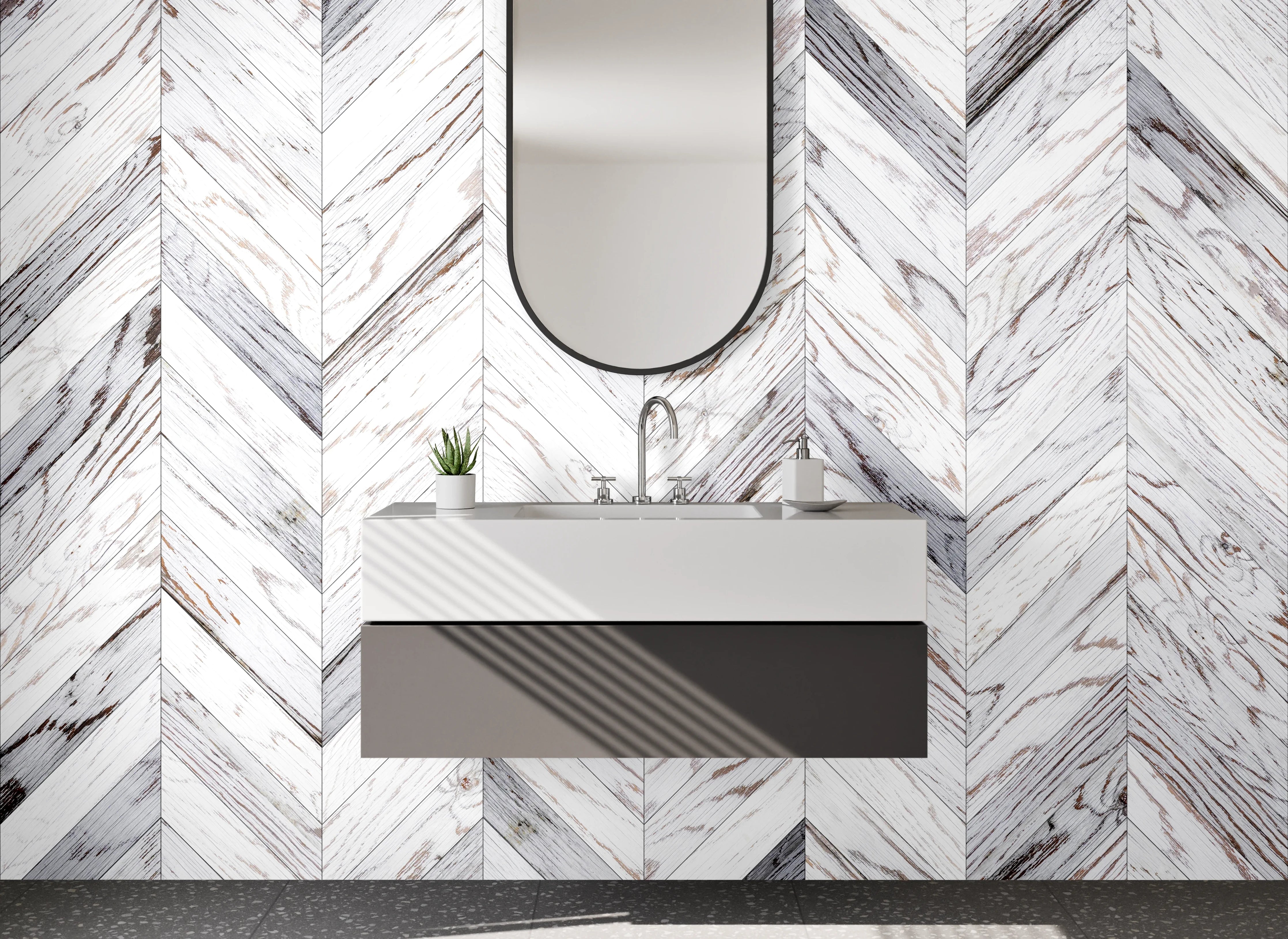 Waschbecken-Rückwand - Chevron Holzoptik Weiß Grau