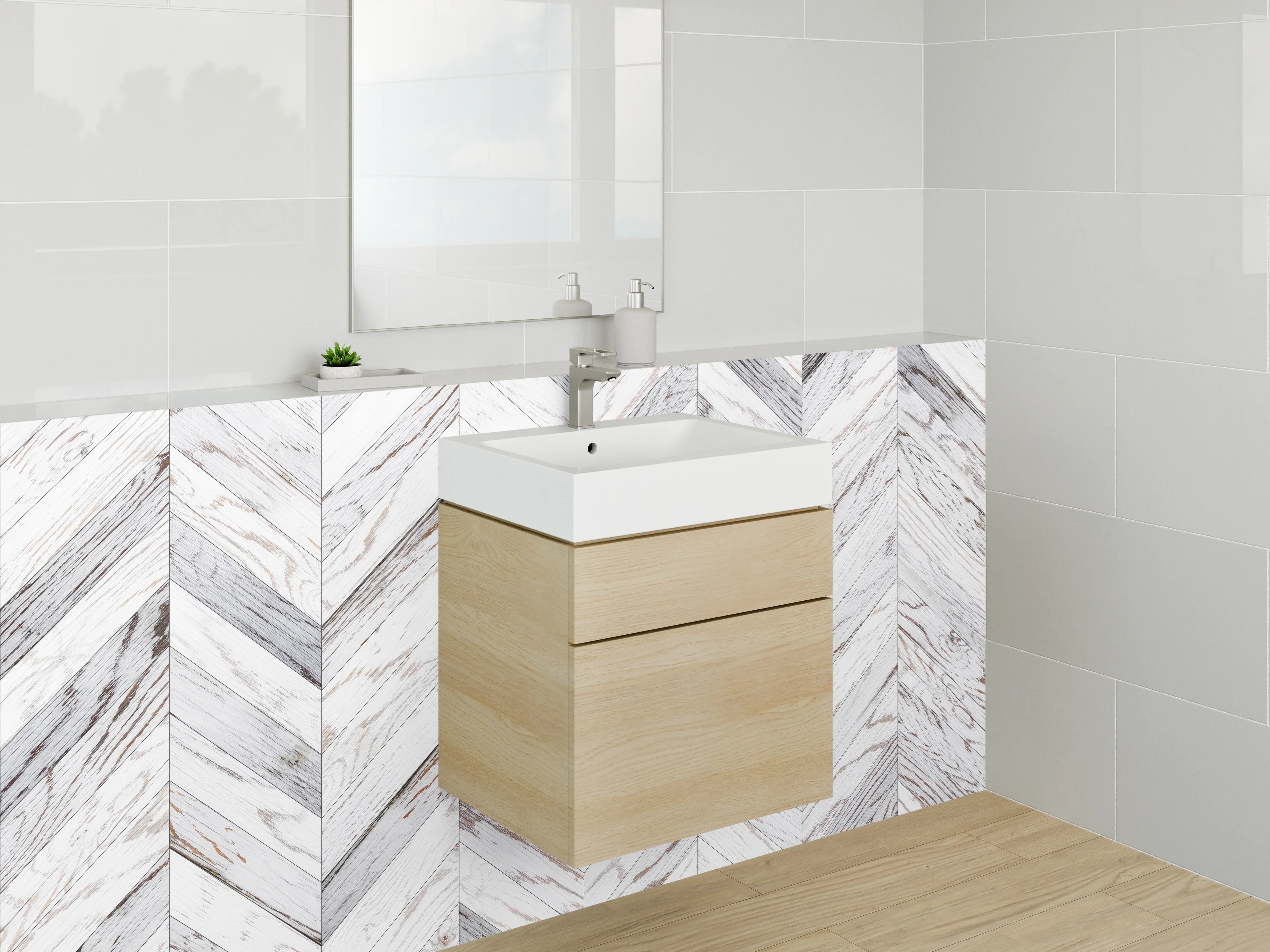 Waschbecken-Rückwand - Chevron Holzoptik Weiß Grau