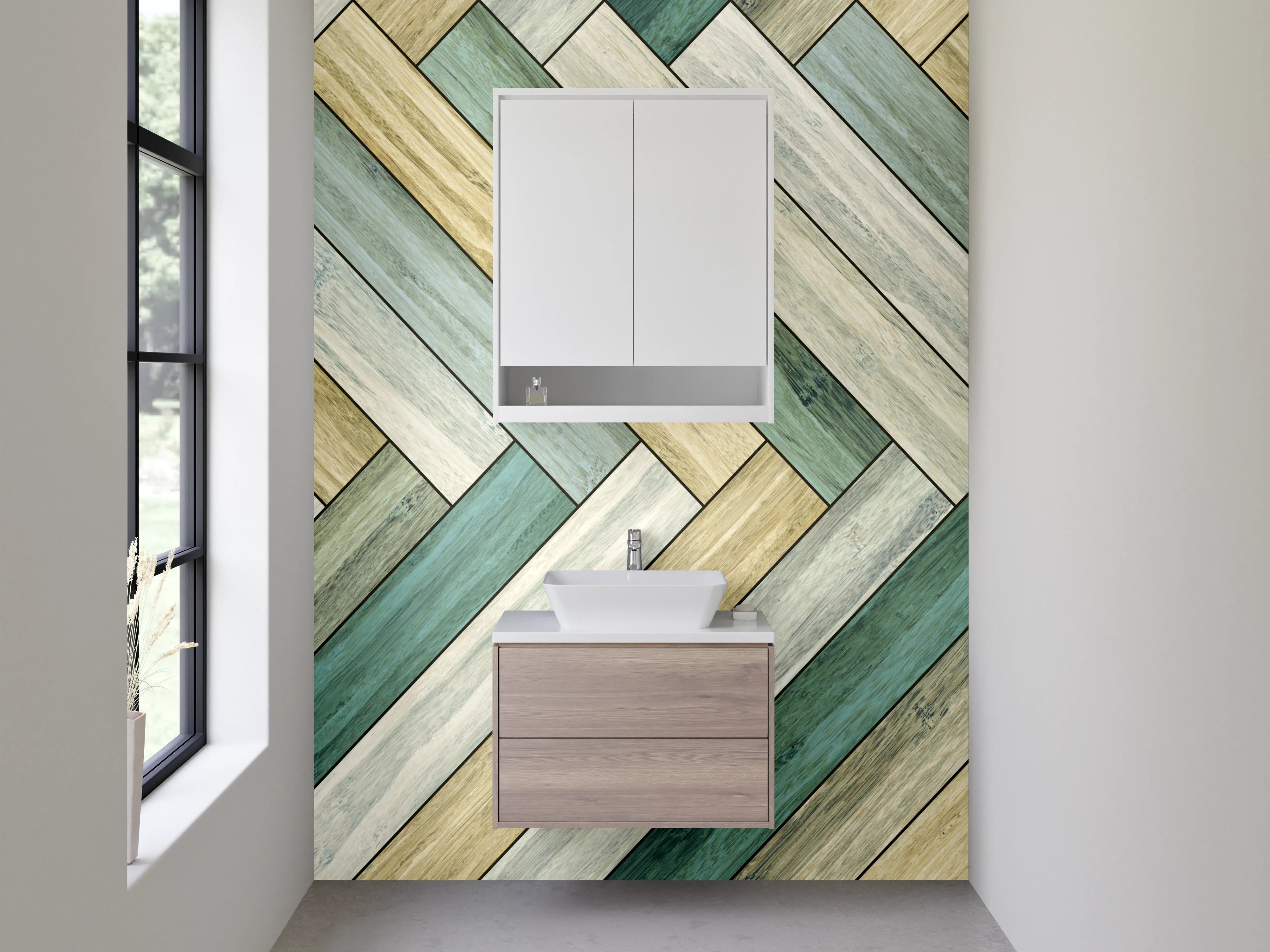 Waschbecken-Rückwand - Chevron Holzoptik in Pastell Grün