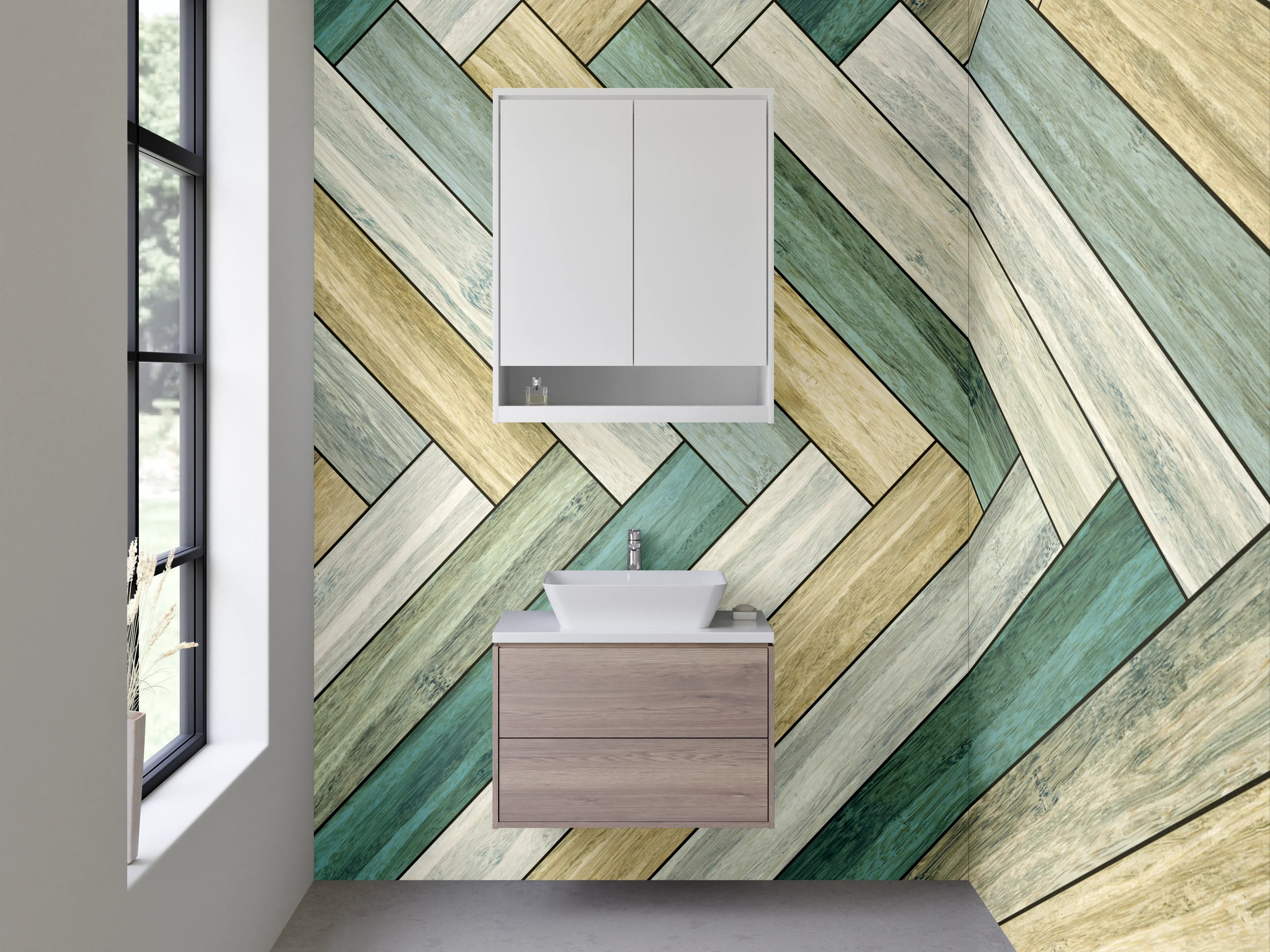 Waschbecken-Rückwand - Chevron Holzoptik in Pastell Grün