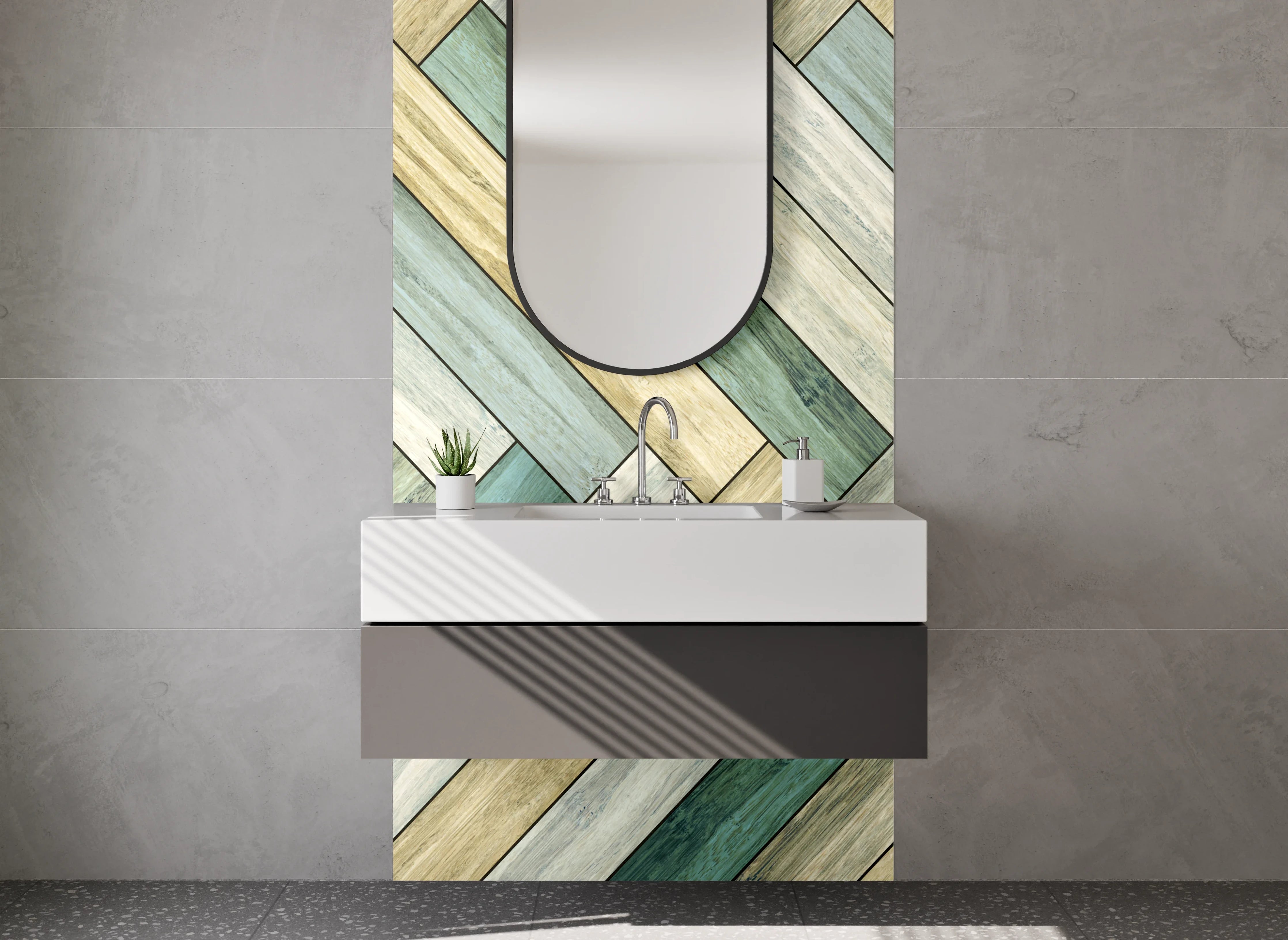Waschbecken-Rückwand - Chevron Holzoptik in Pastell Grün