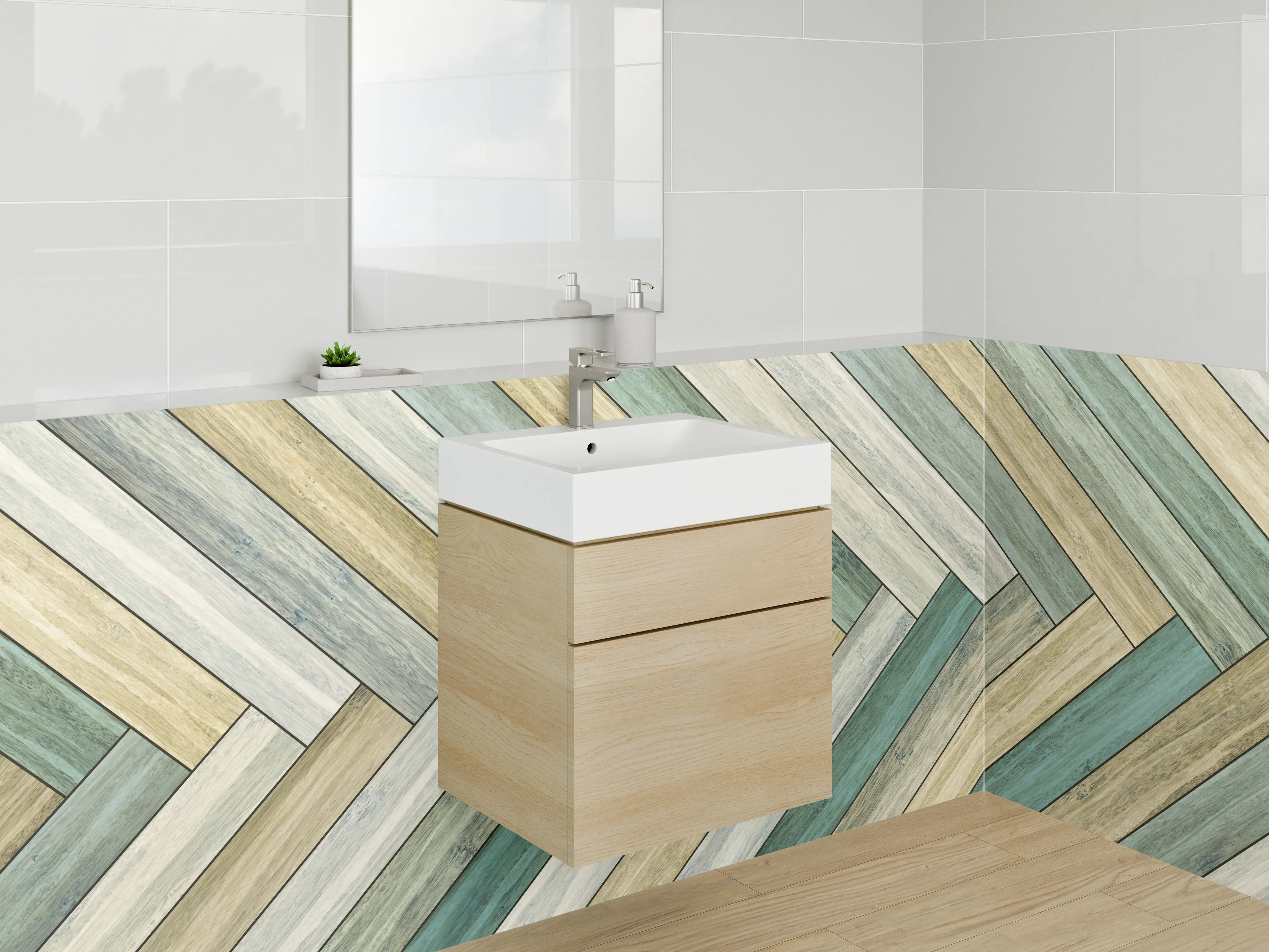 Waschbecken-Rückwand - Chevron Holzoptik in Pastell Grün