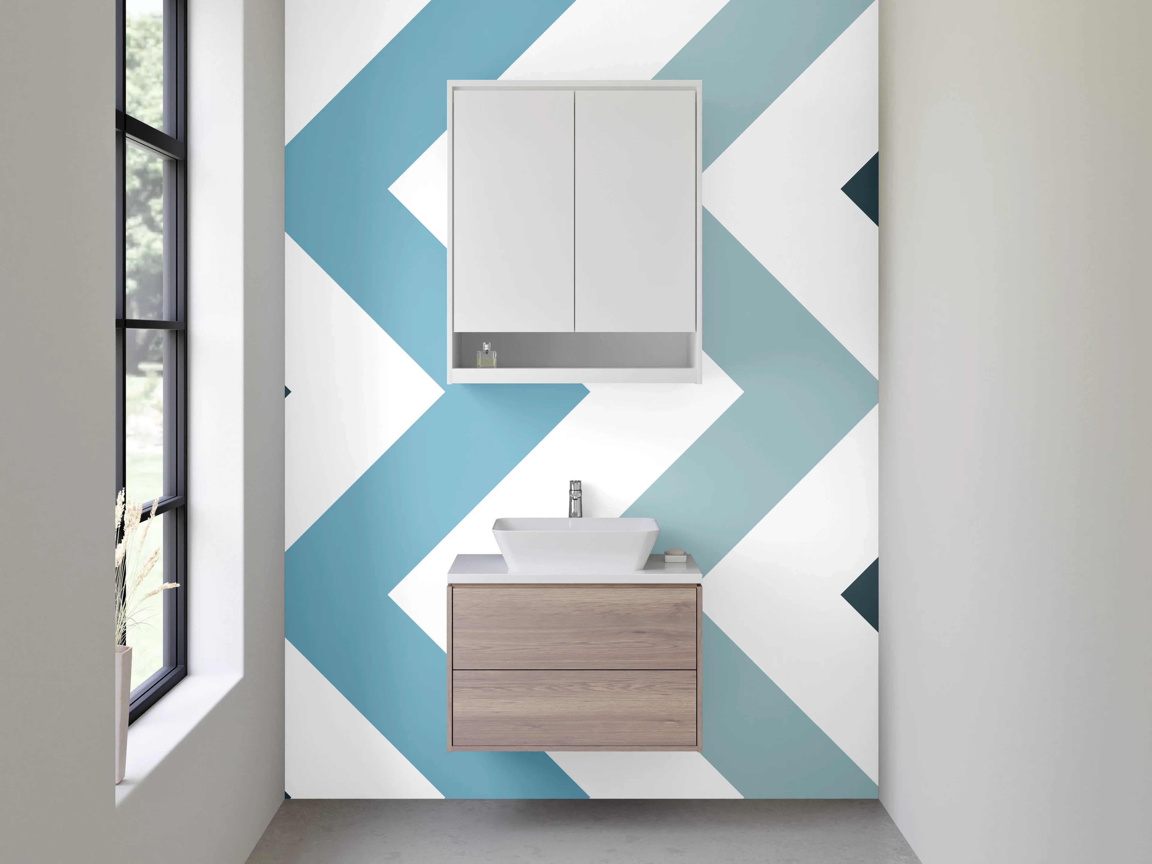 Waschbecken-Rückwand - Chevron-Muster in Blau und Weiß