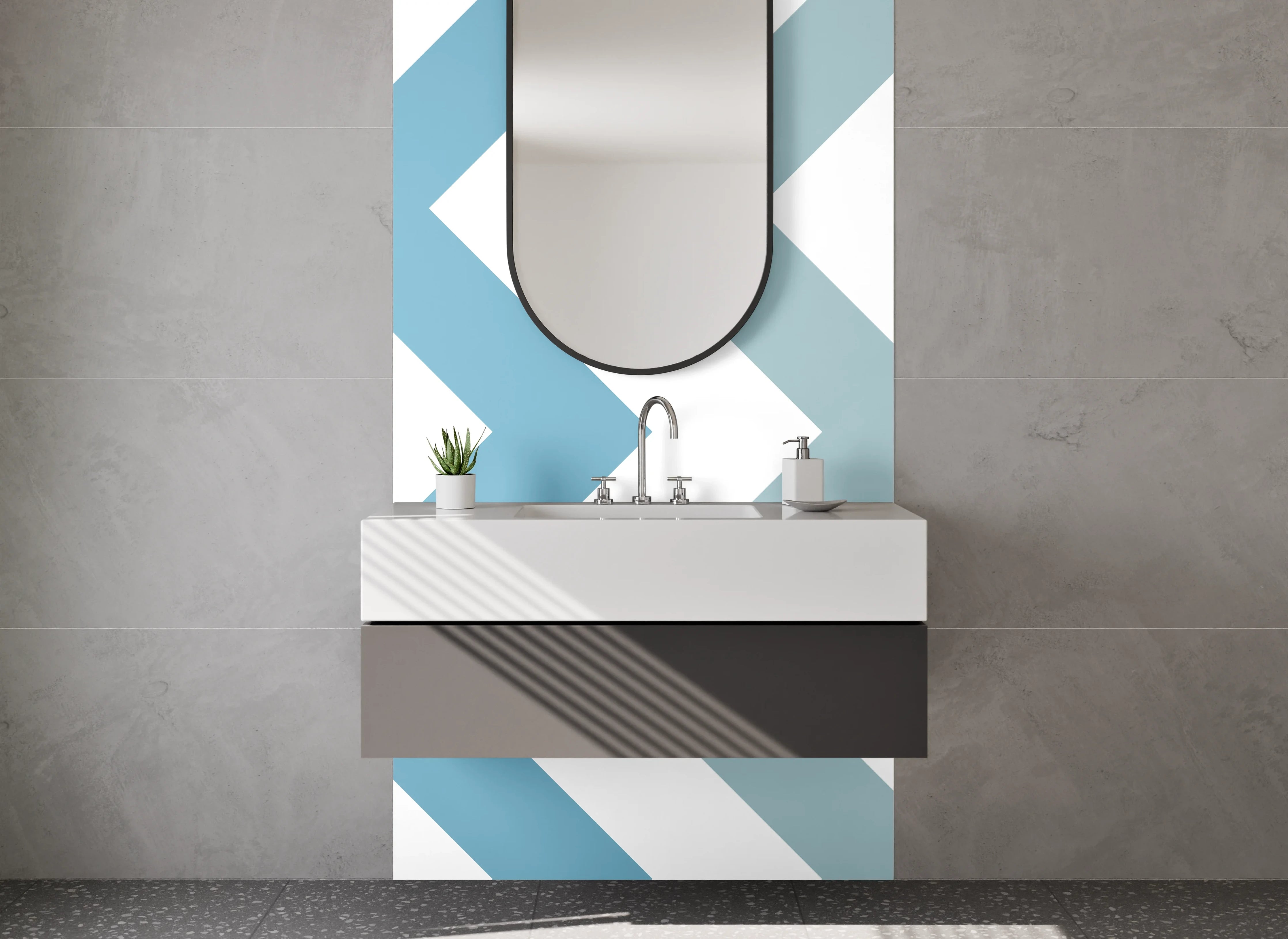 Waschbecken-Rückwand - Chevron-Muster in Blau und Weiß