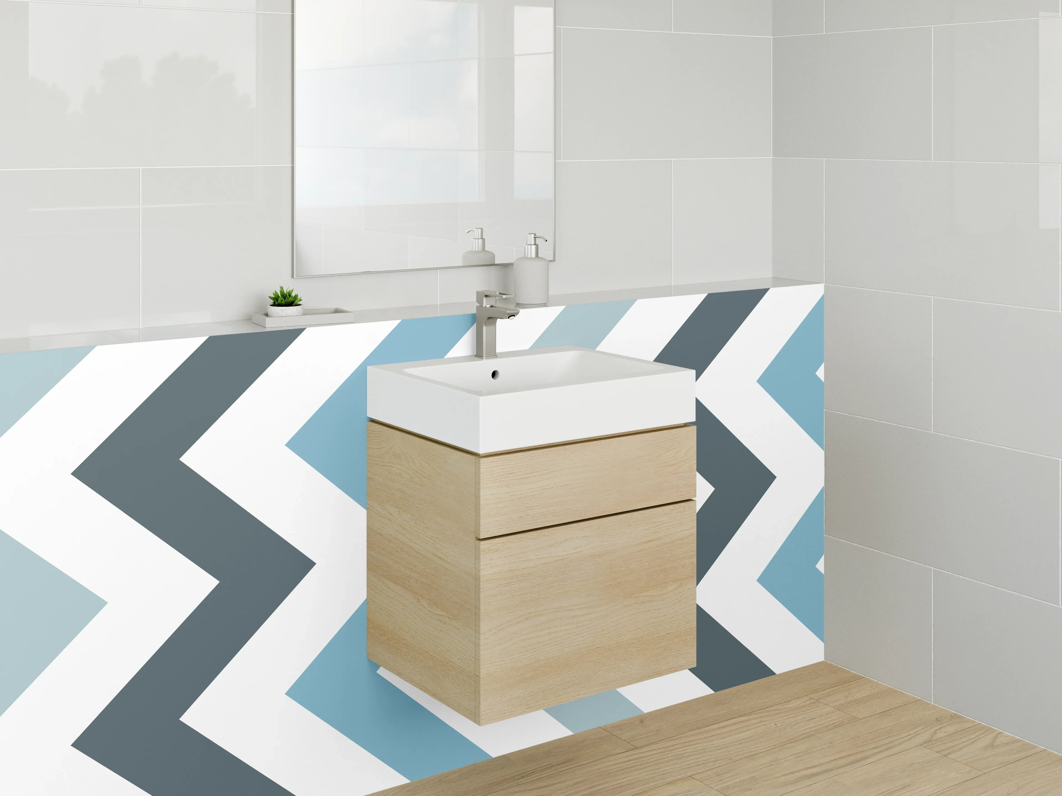 Waschbecken-Rückwand - Chevron-Muster in Blau und Weiß