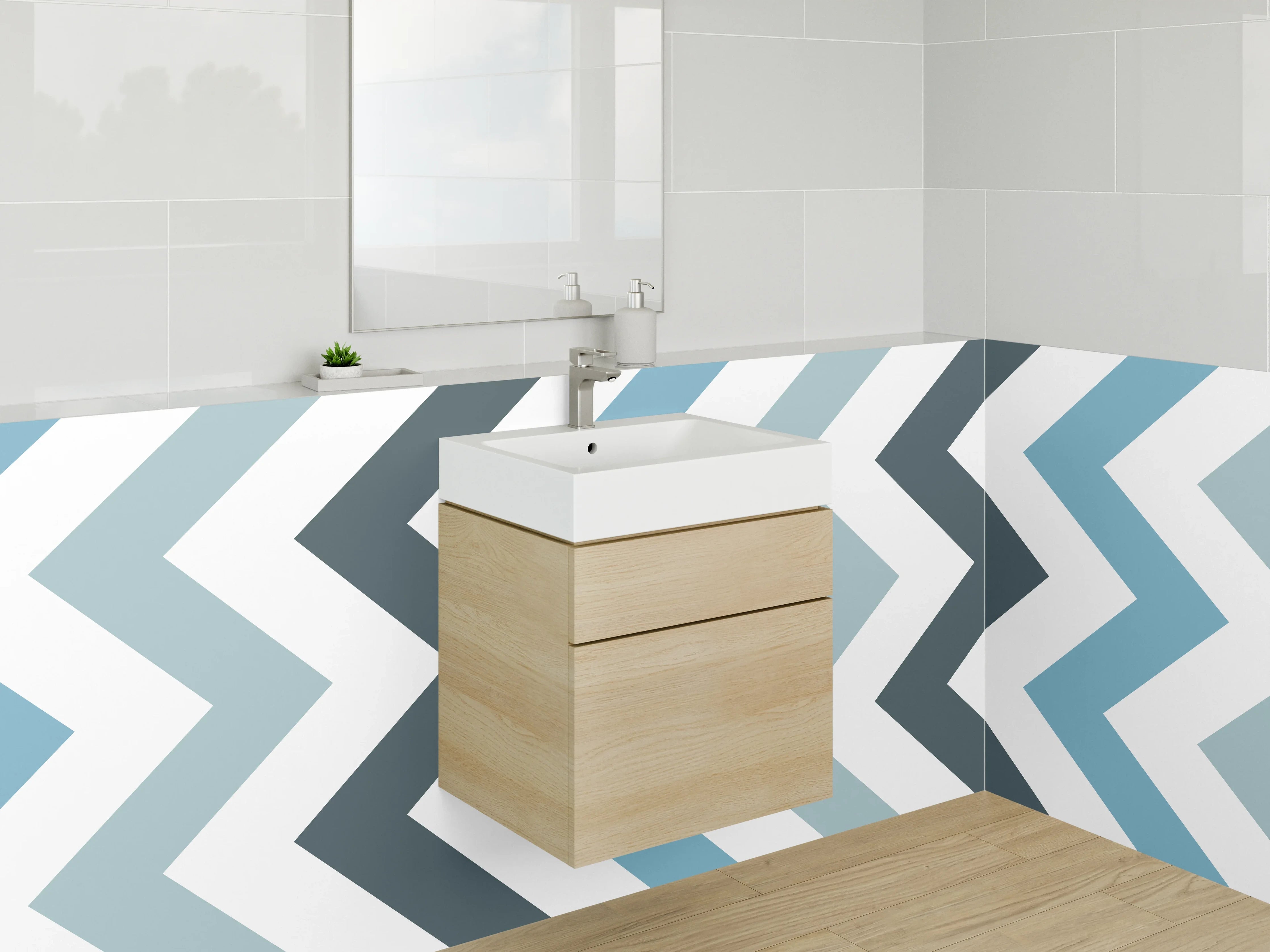 Waschbecken-Rückwand - Chevron-Muster in Blau und Weiß