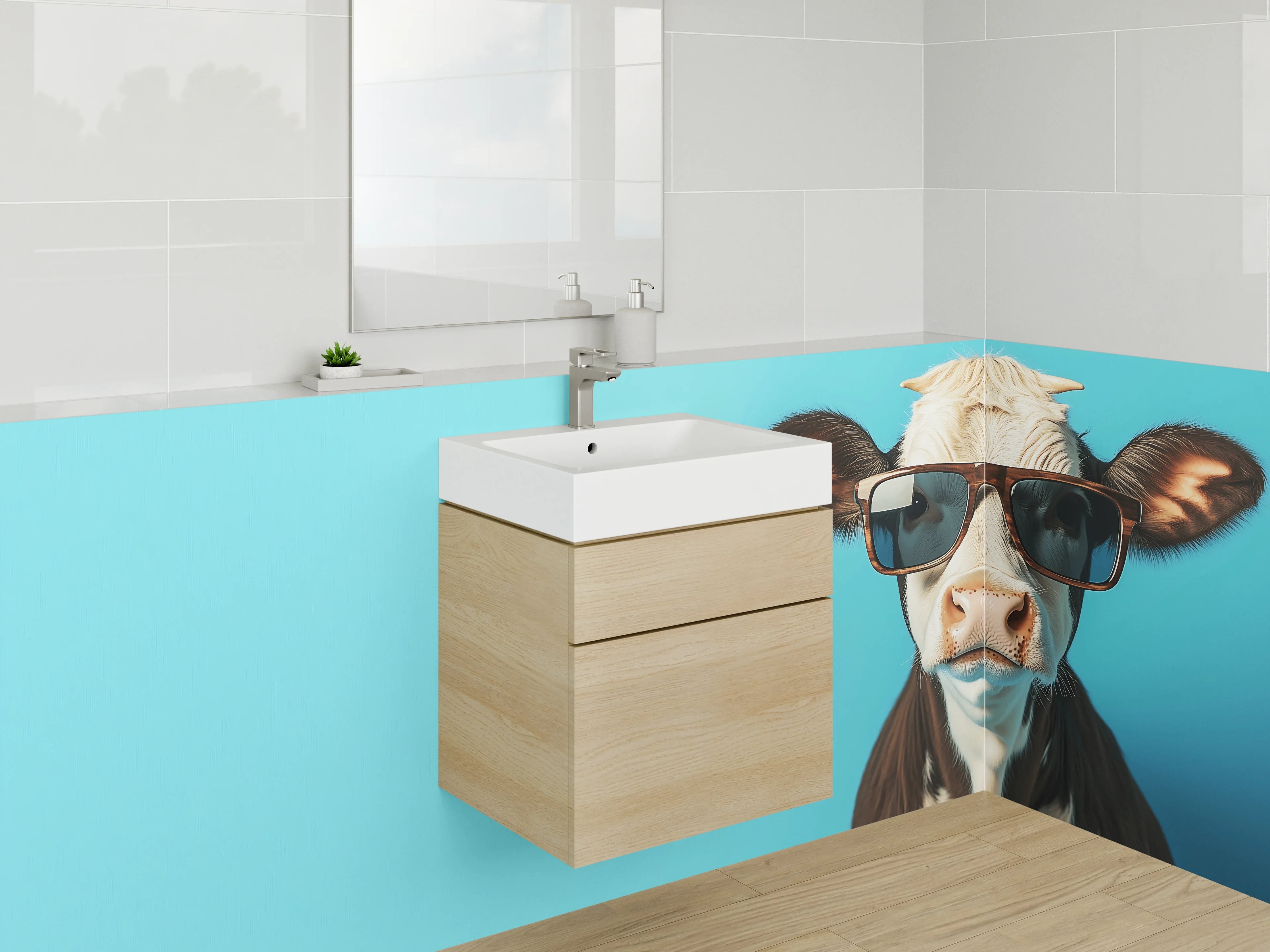 Waschbecken-Rückwand - Coole Kuh mit Sonnenbrille Popart