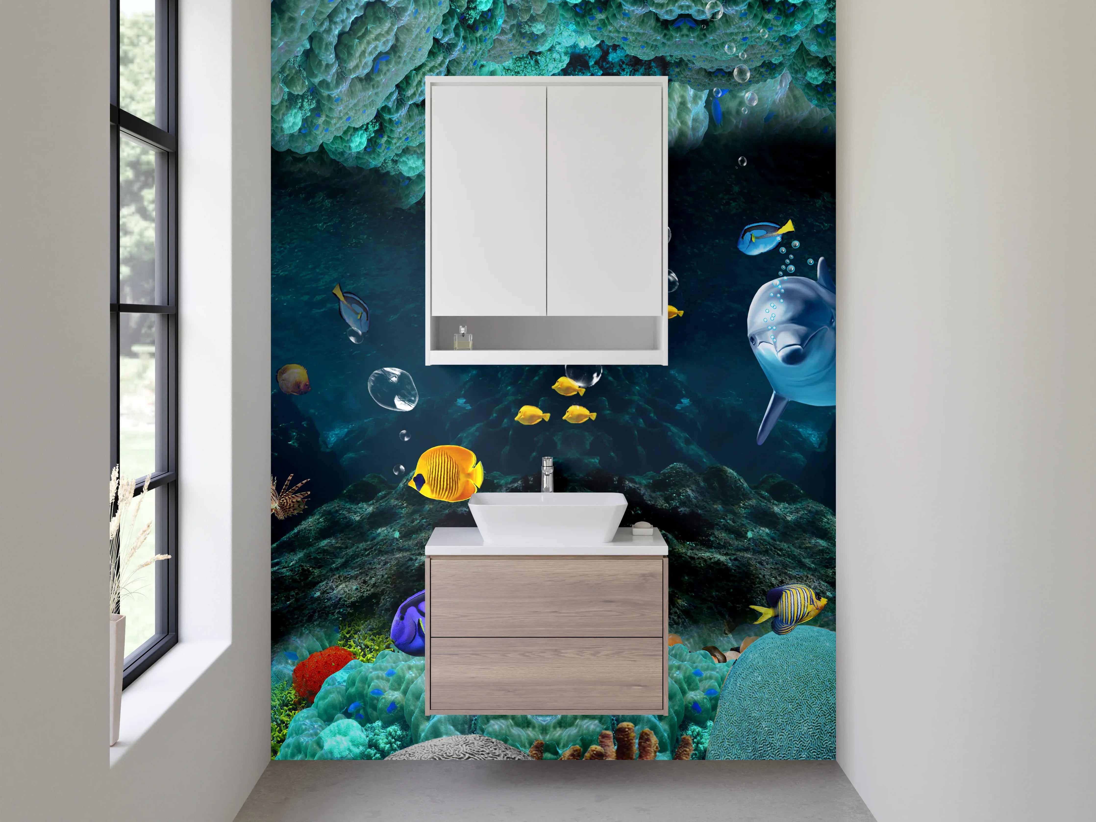 Waschbecken-Rückwand - Delfine und Korallen – Unterwasserwelt