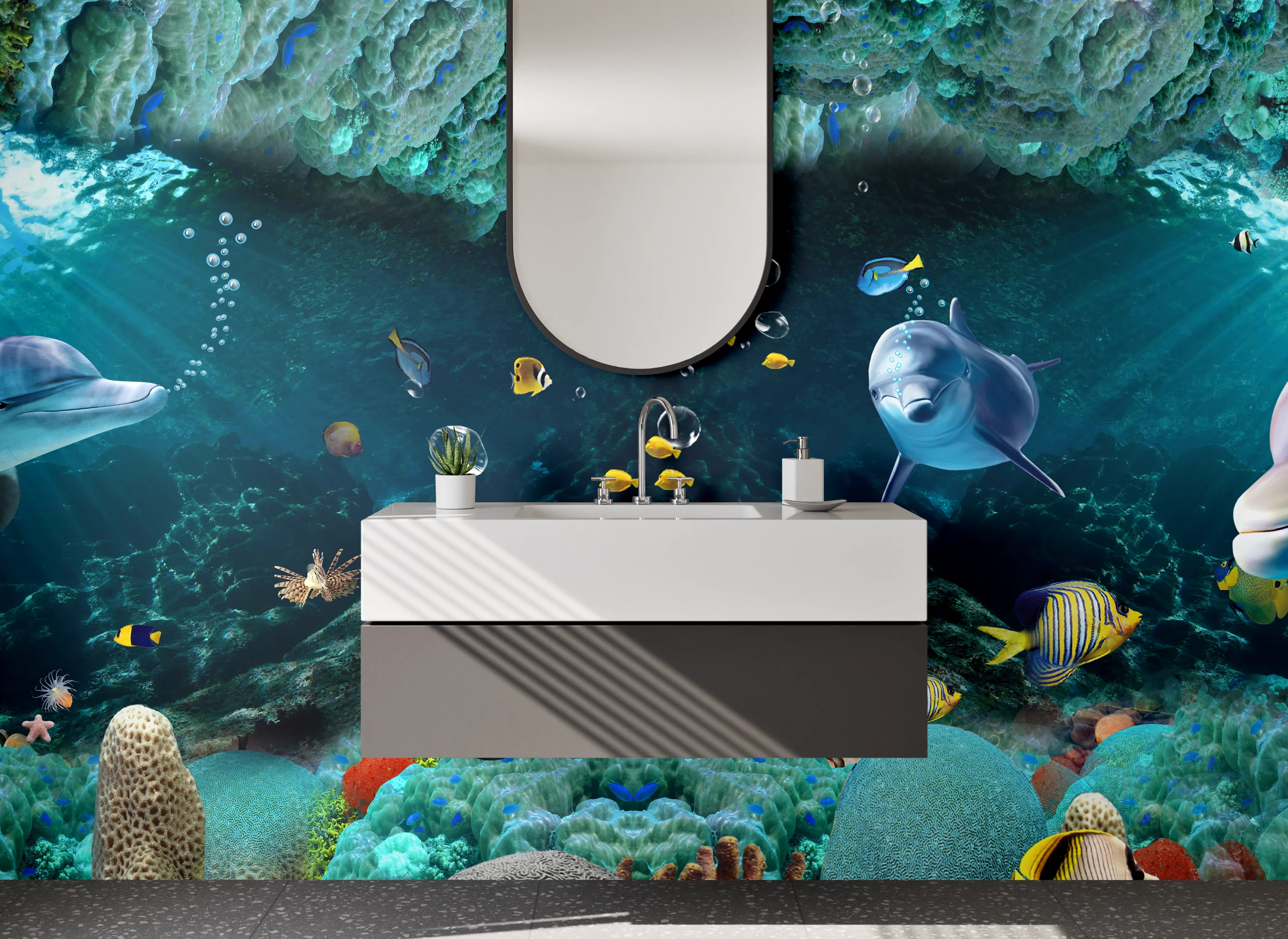 Waschbecken-Rückwand - Delfine und Korallen – Unterwasserwelt
