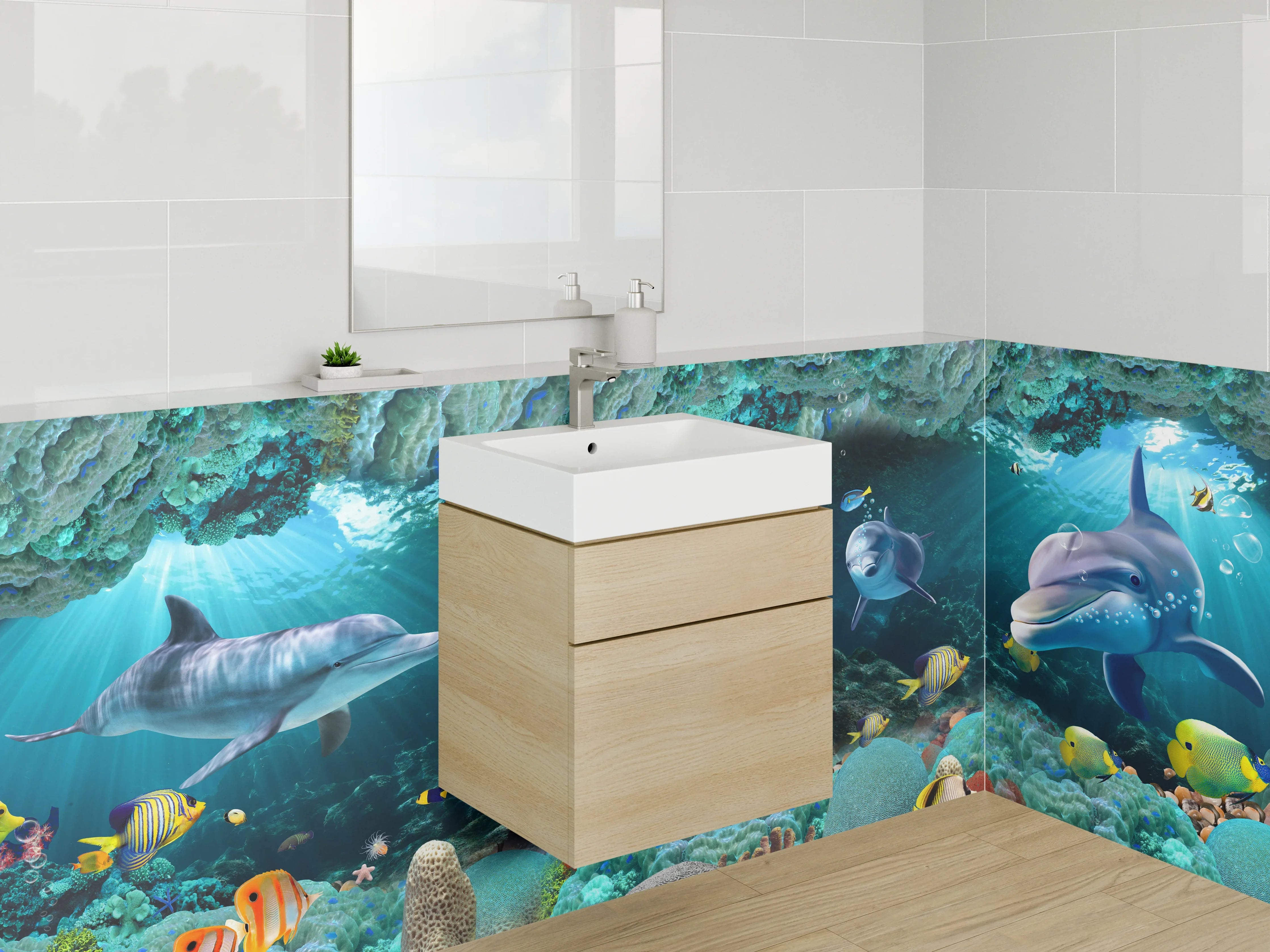 Waschbecken-Rückwand - Delfine und Korallen – Unterwasserwelt