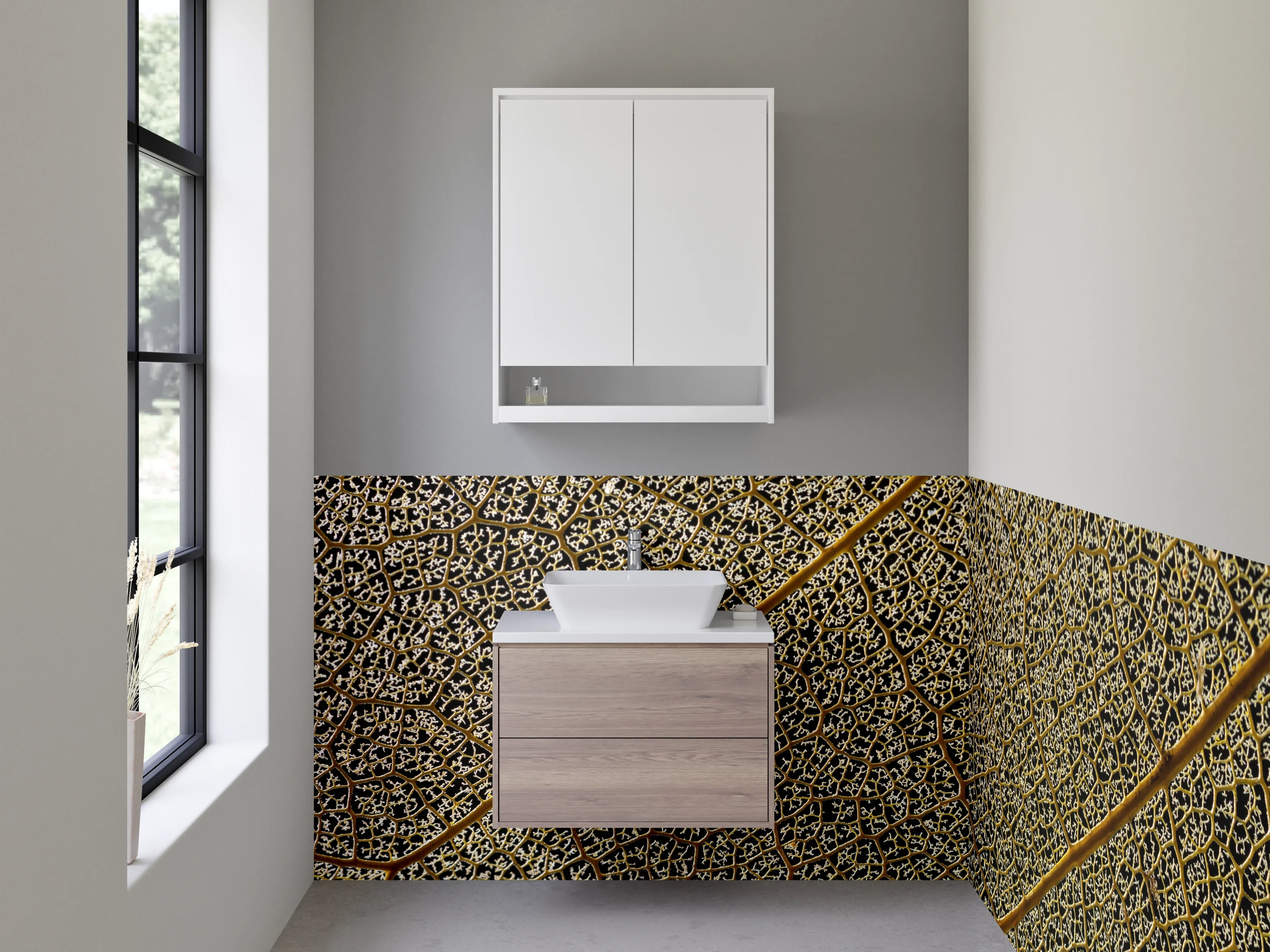 Waschbecken-Rückwand - Detailreiche Blattstruktur Natur Braun Gold