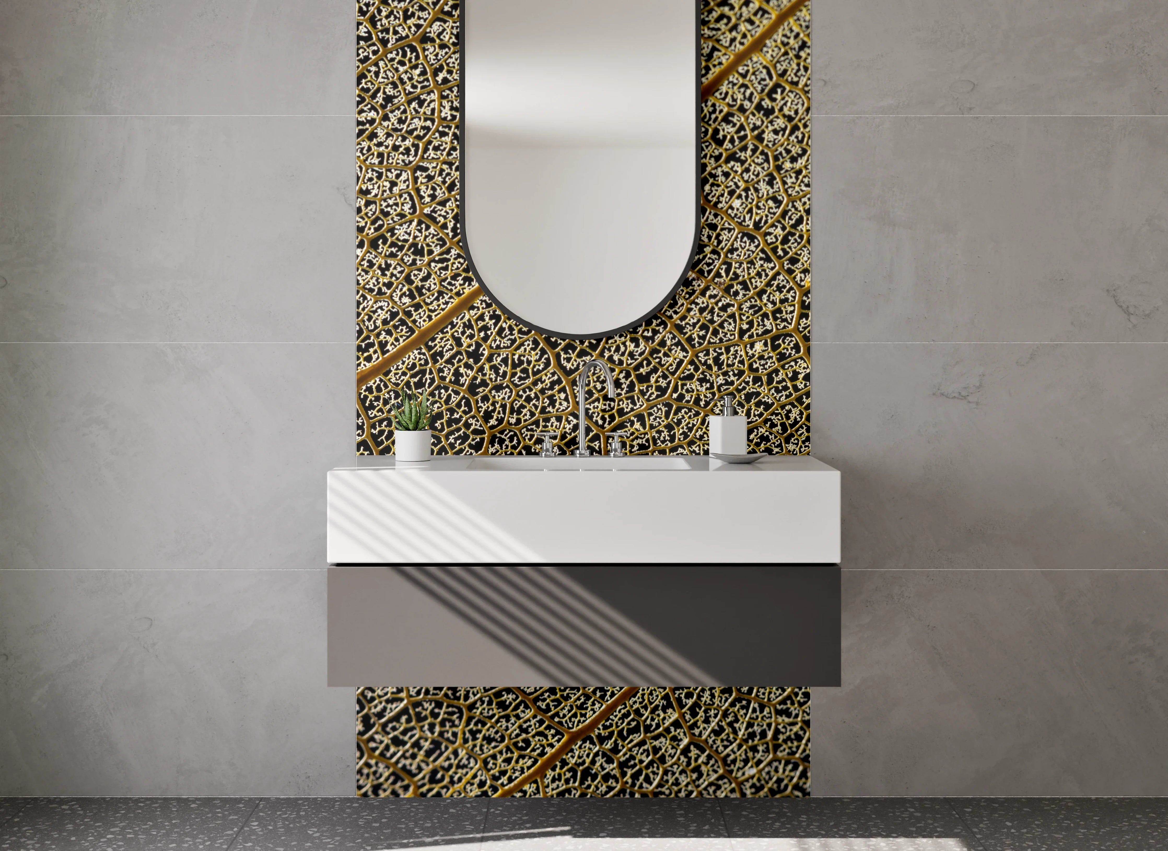 Waschbecken-Rückwand - Detailreiche Blattstruktur Natur Braun Gold