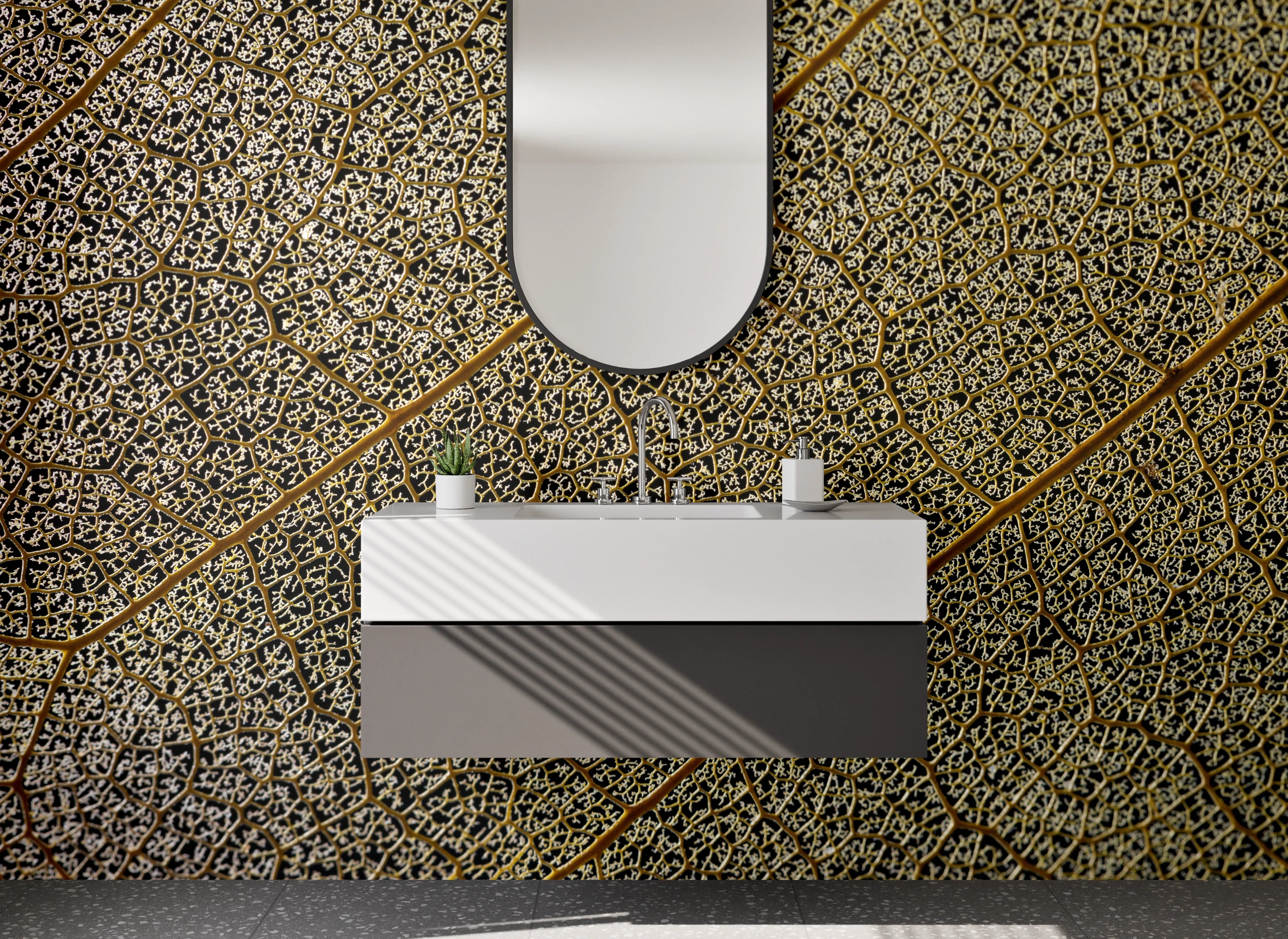 Waschbecken-Rückwand - Detailreiche Blattstruktur Natur Braun Gold