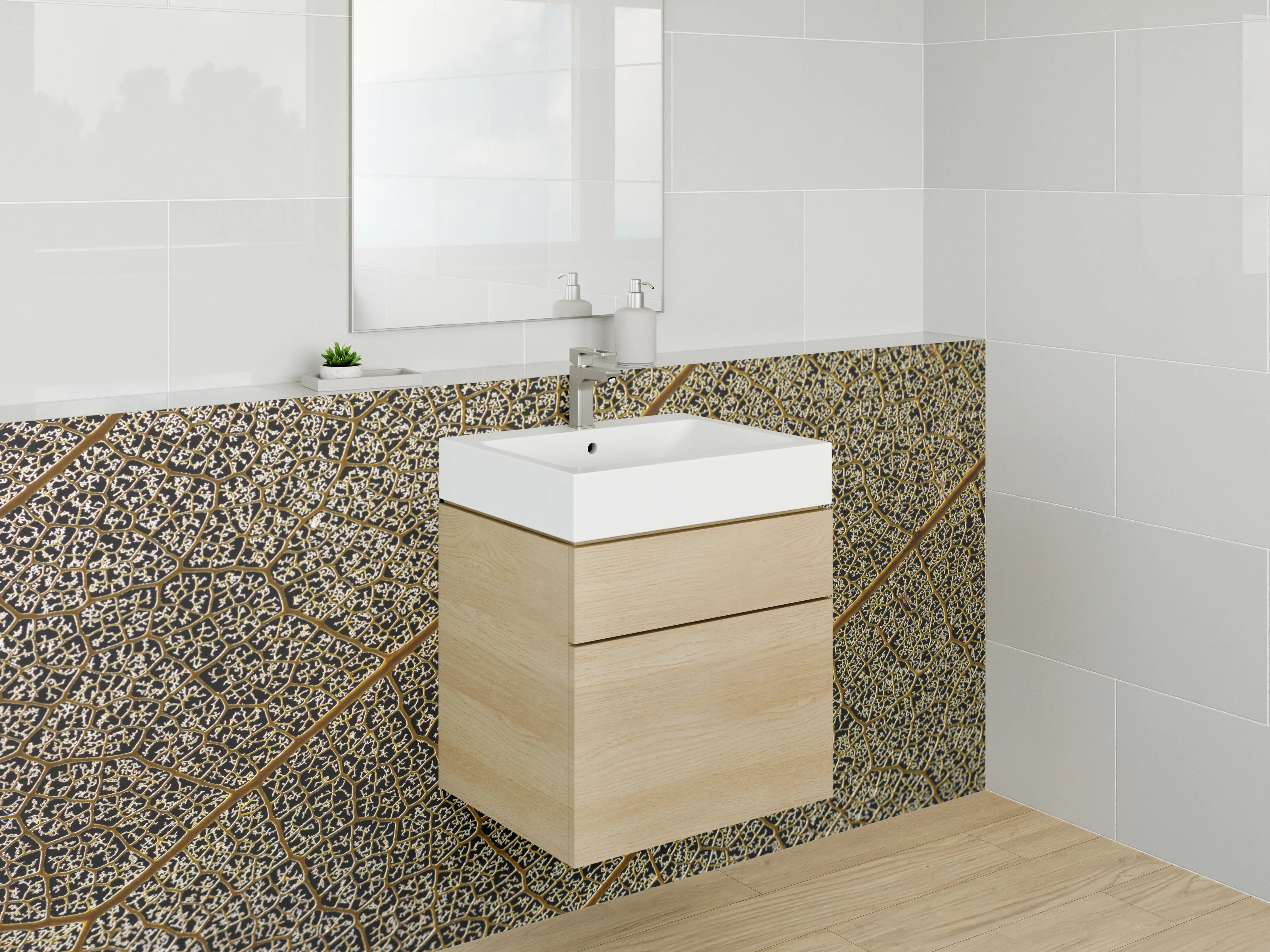 Waschbecken-Rückwand - Detailreiche Blattstruktur Natur Braun Gold