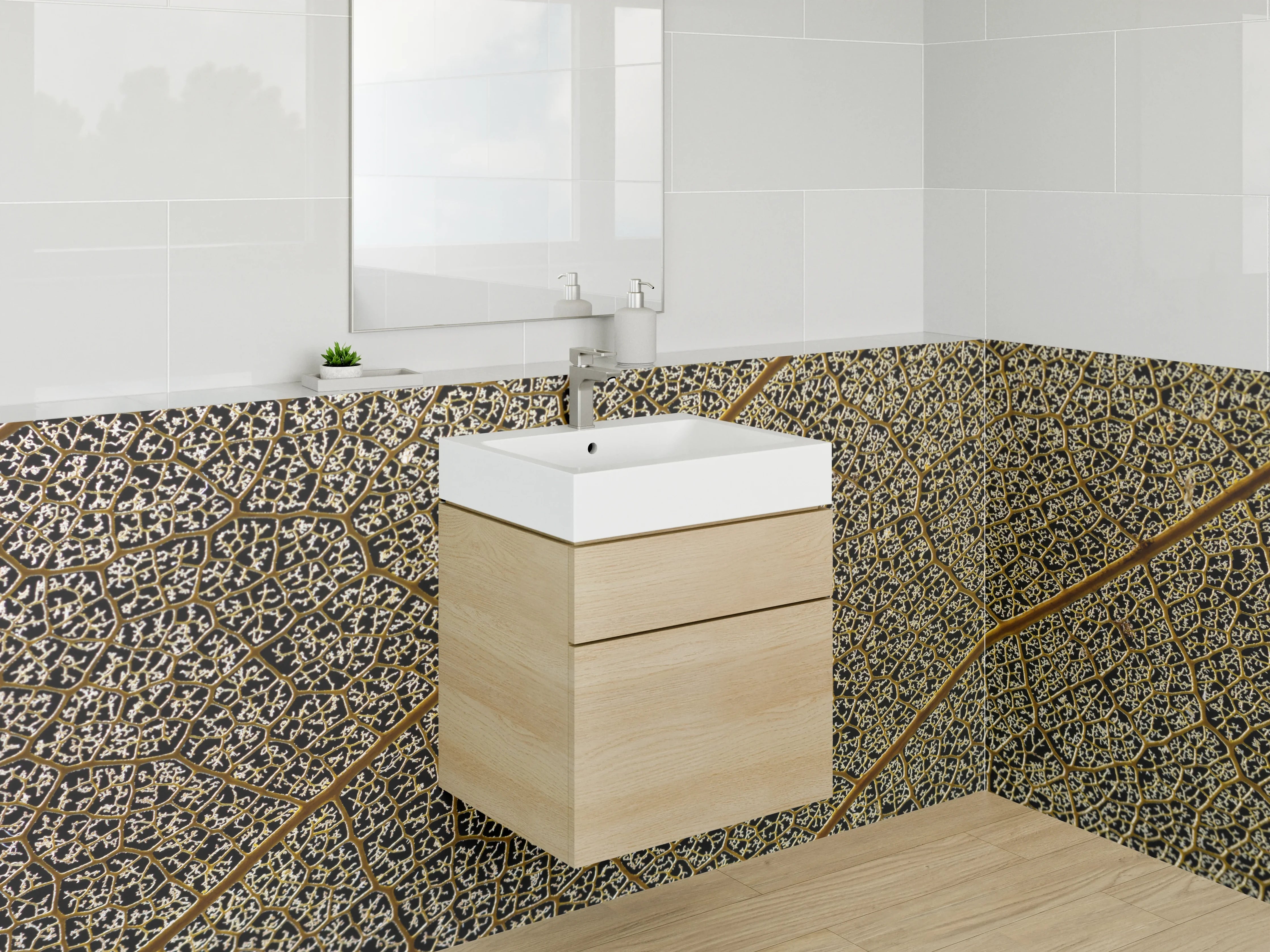 Waschbecken-Rückwand - Detailreiche Blattstruktur Natur Braun Gold